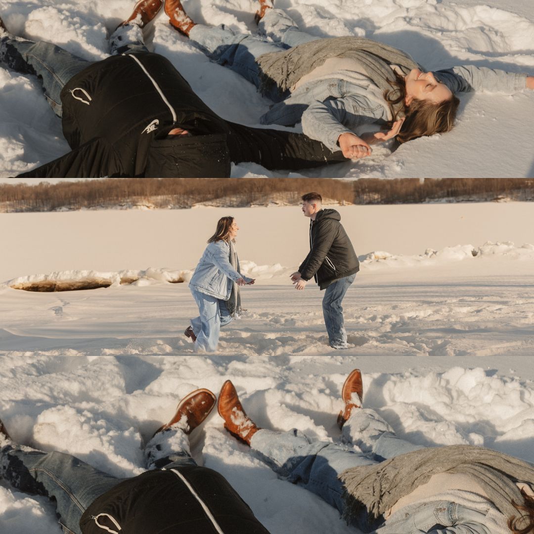 Snow-covered landscape with people engaged in winter activities.