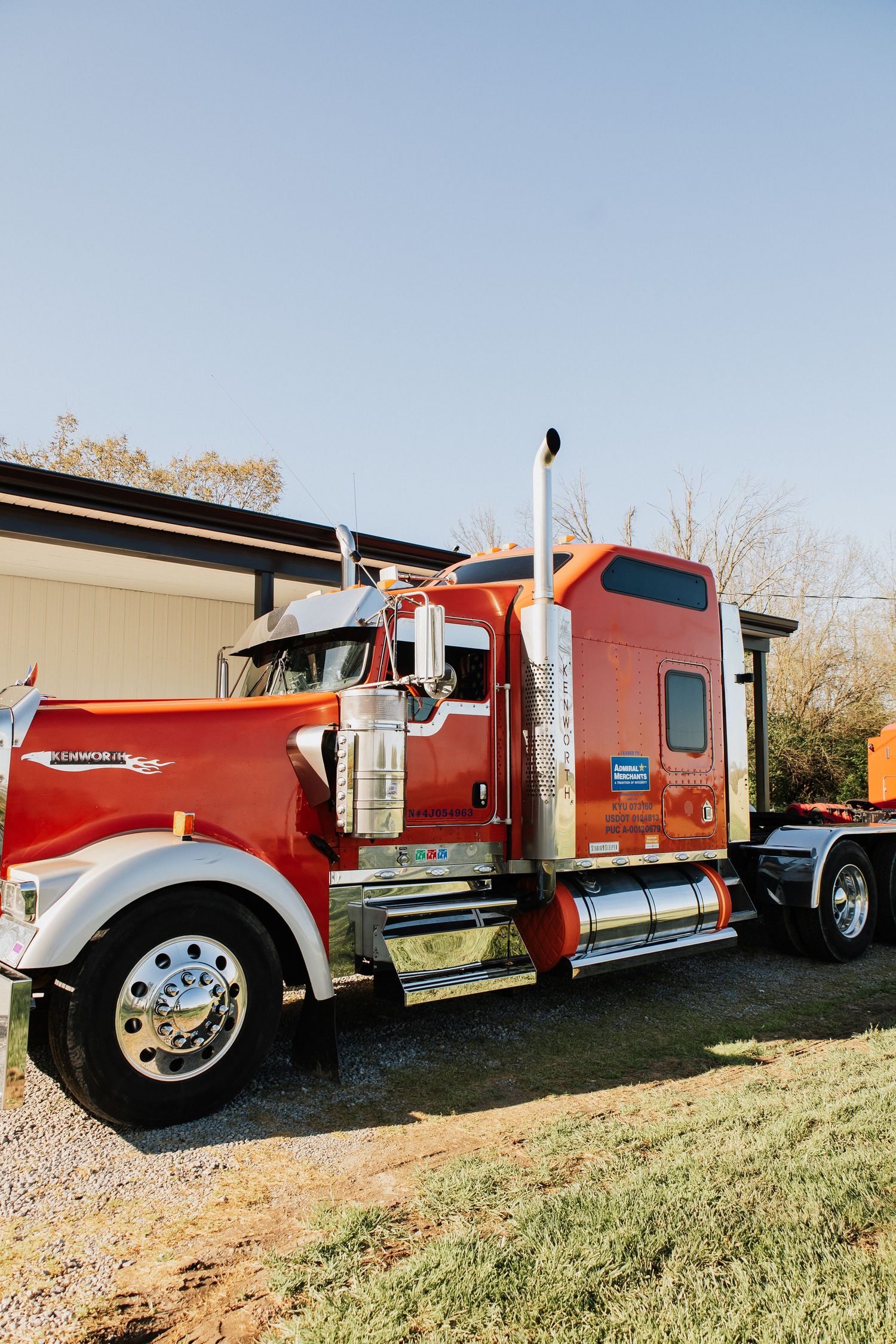 Line of red Kenworth semi trucks parked on grass during daytime.