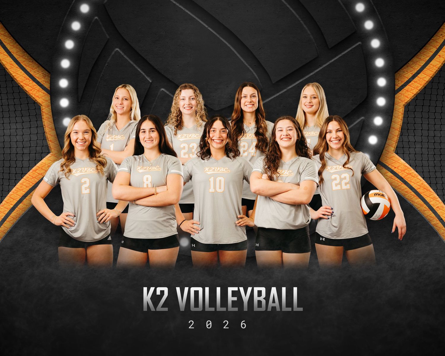 A volleyball team poses in white jerseys against a dark backdrop with dramatic lighting and K7 Volleyball 2024 text.