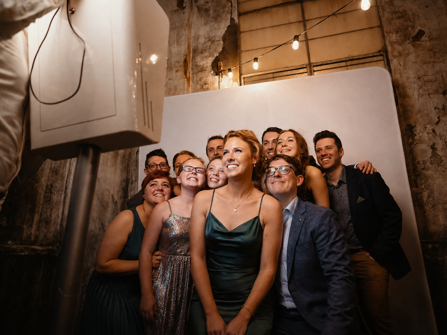Group of wedding guests posing together for a photo booth picture in a rustic venue with string lights.