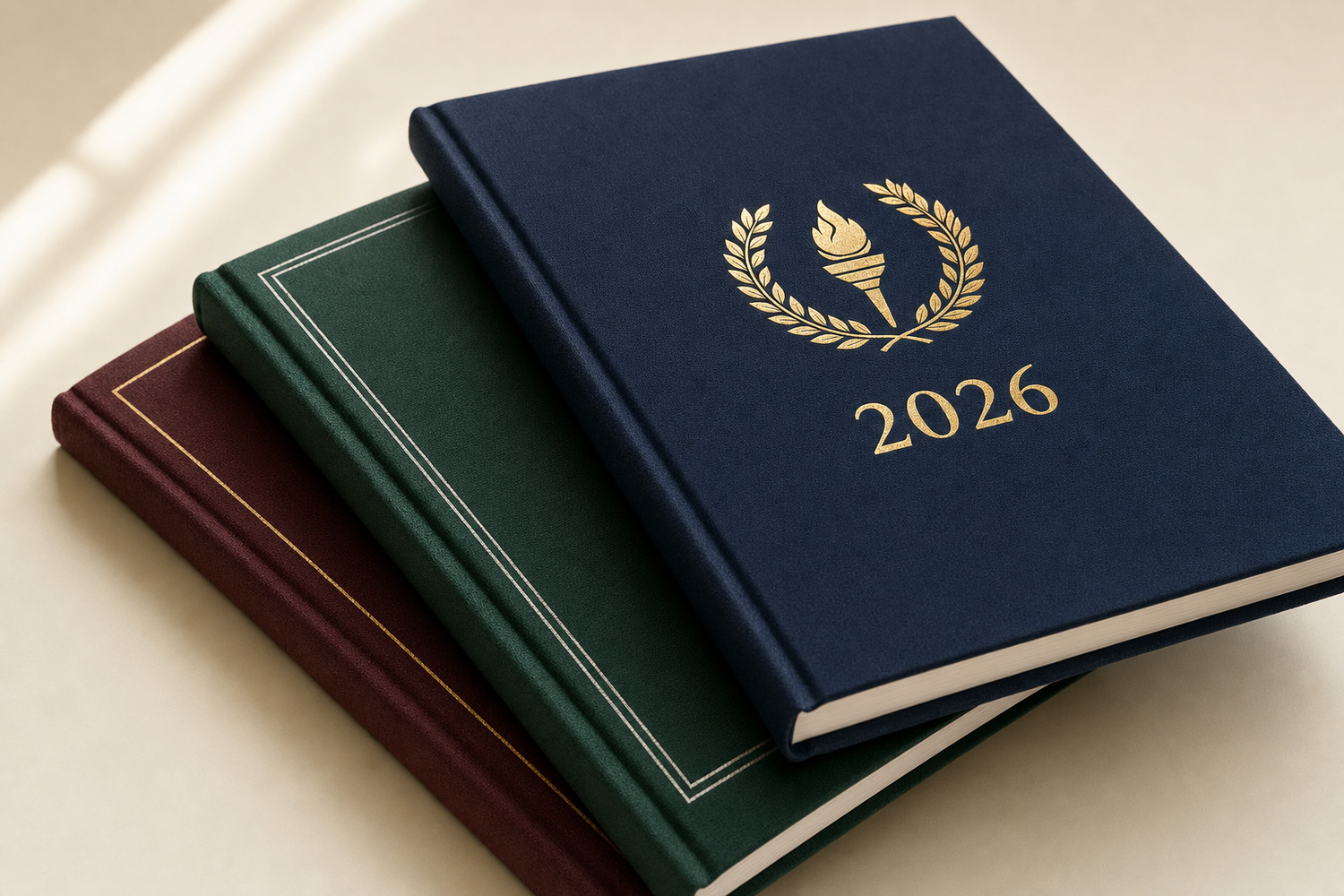 Three hardcover 2026 planners stacked in navy, green, and burgundy with gold embossed laurel wreath designs.