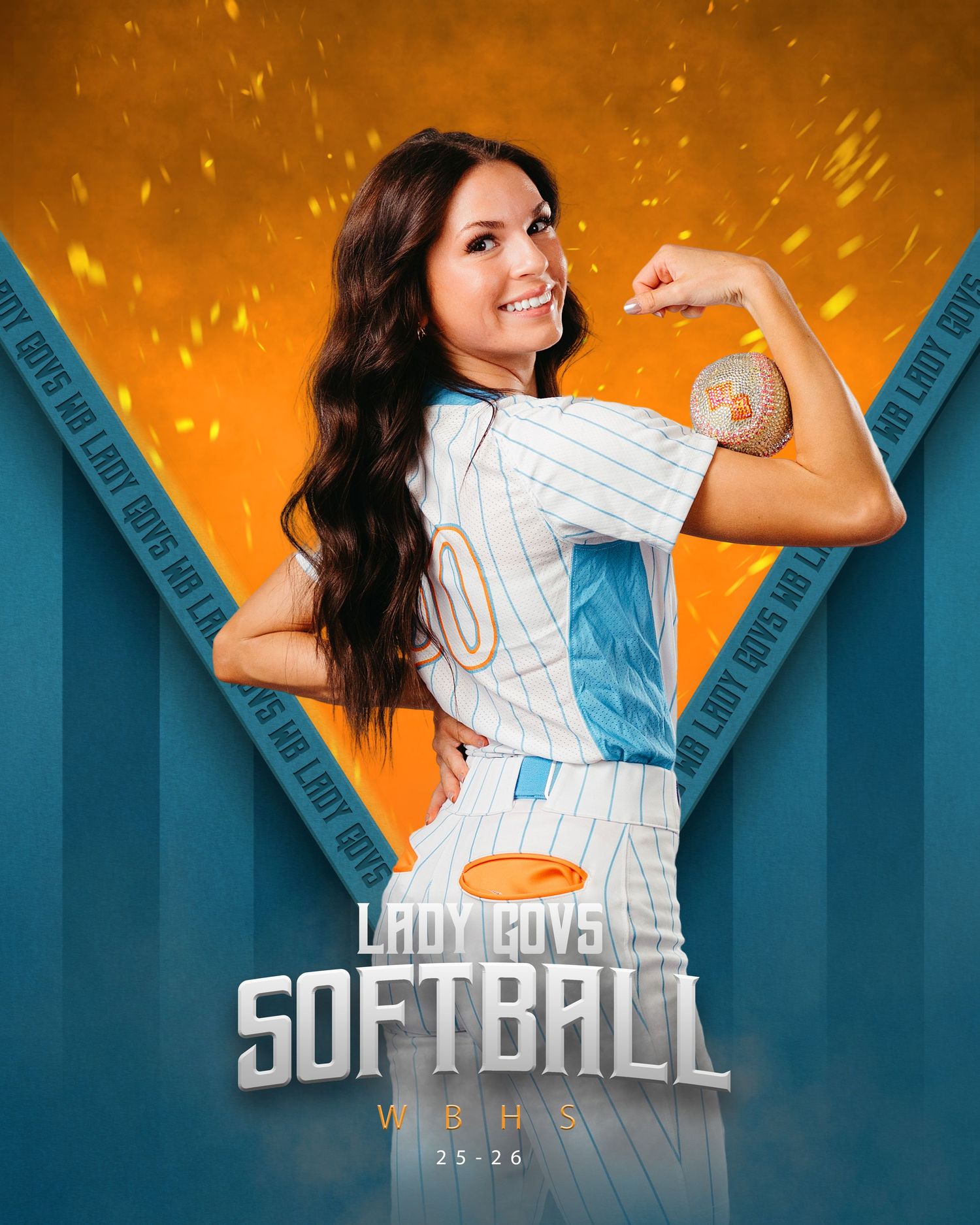 Lady Govs softball player in white pinstripe uniform flexing with a glove, WBHS 25-26 season promotional photo.