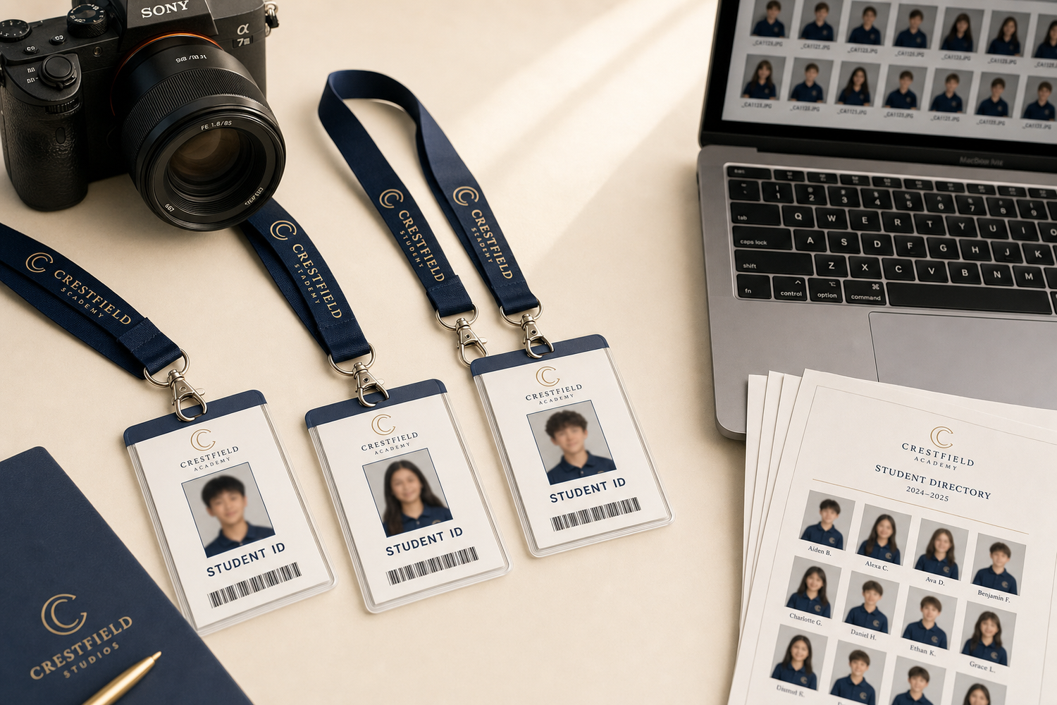 Student ID badges on lanyards displayed on a desk with a camera, laptop, and printed photo sheets.