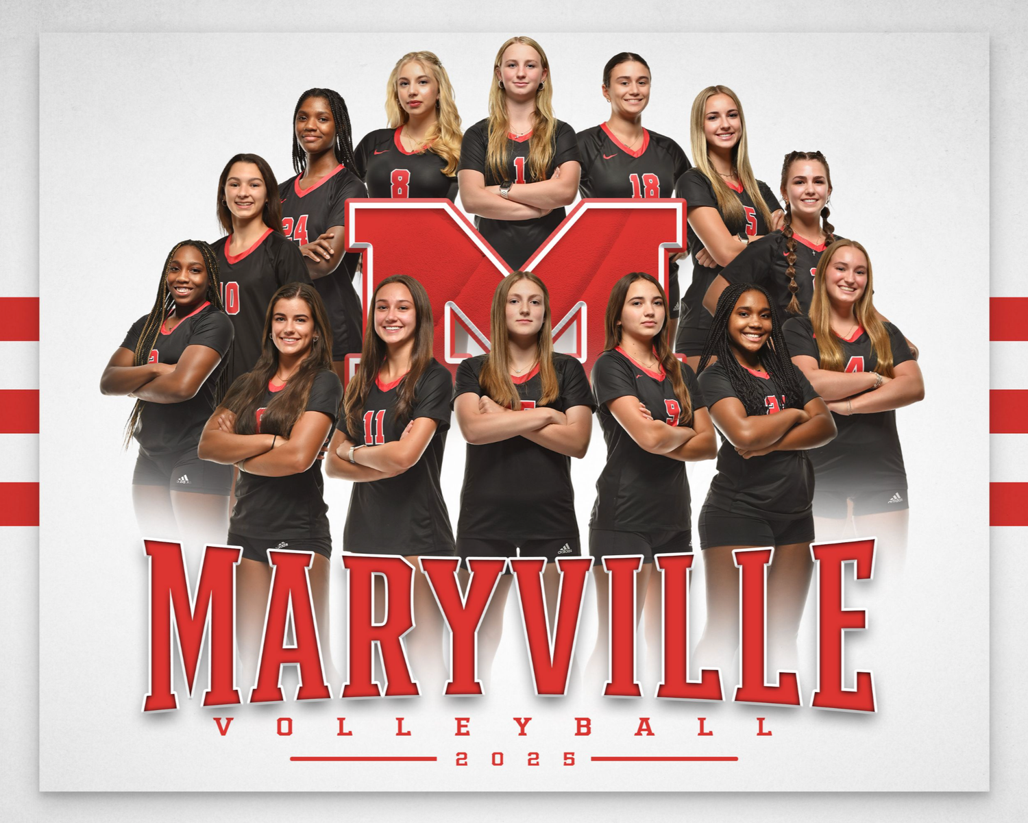 Maryville Volleyball 2025 team photo featuring players in red and black uniforms posing together with the Maryville M logo.