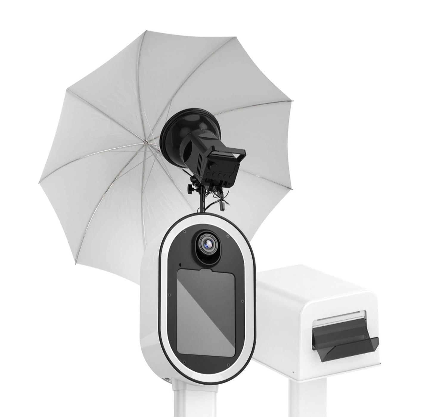 White photo booth kiosk with camera, flash, and reflective umbrella lighting setup next to a compact printer.
