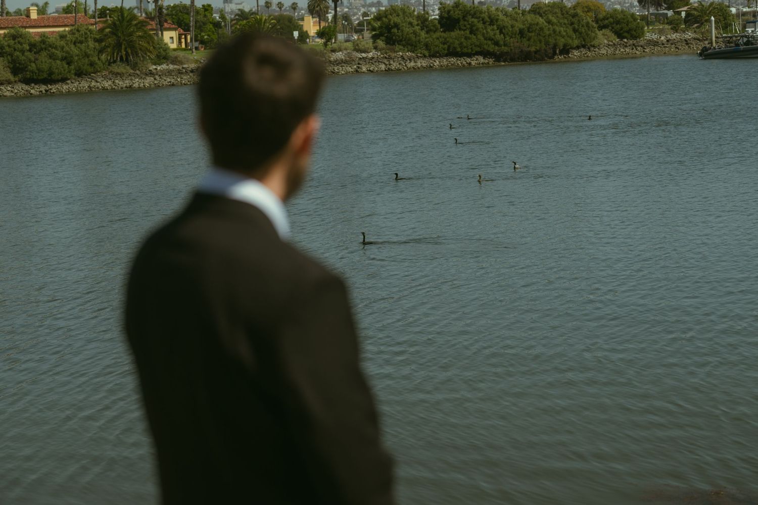 Businessman in suit gazing over urban waterway with paddleboarders in the distance.