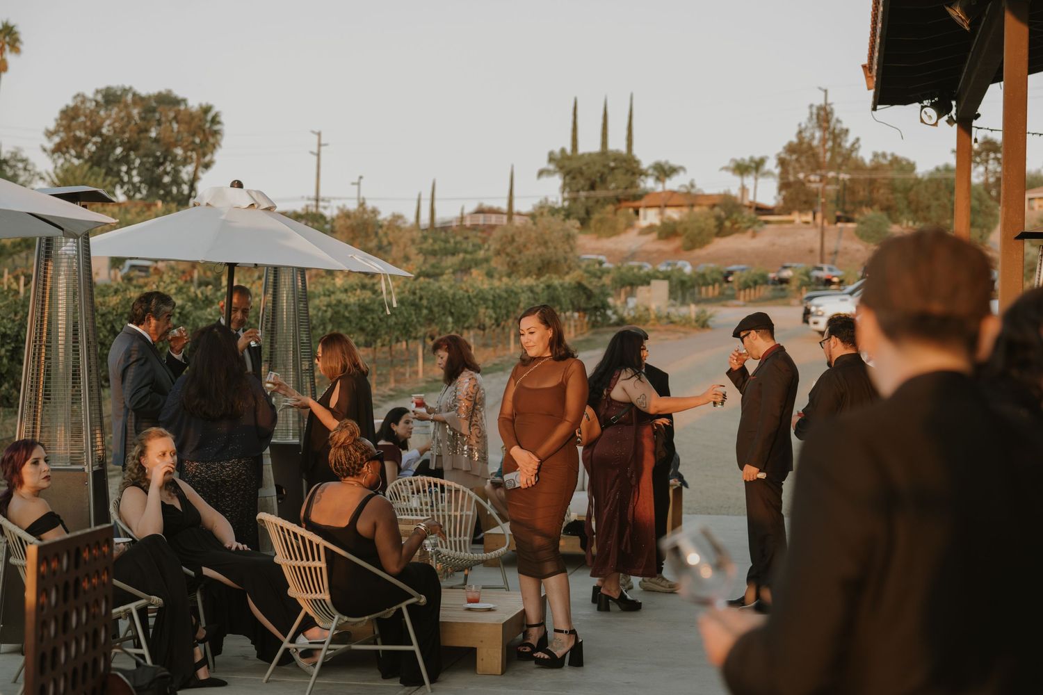 Wedding party poses together at sunset in a rustic outdoor venue with string lights.