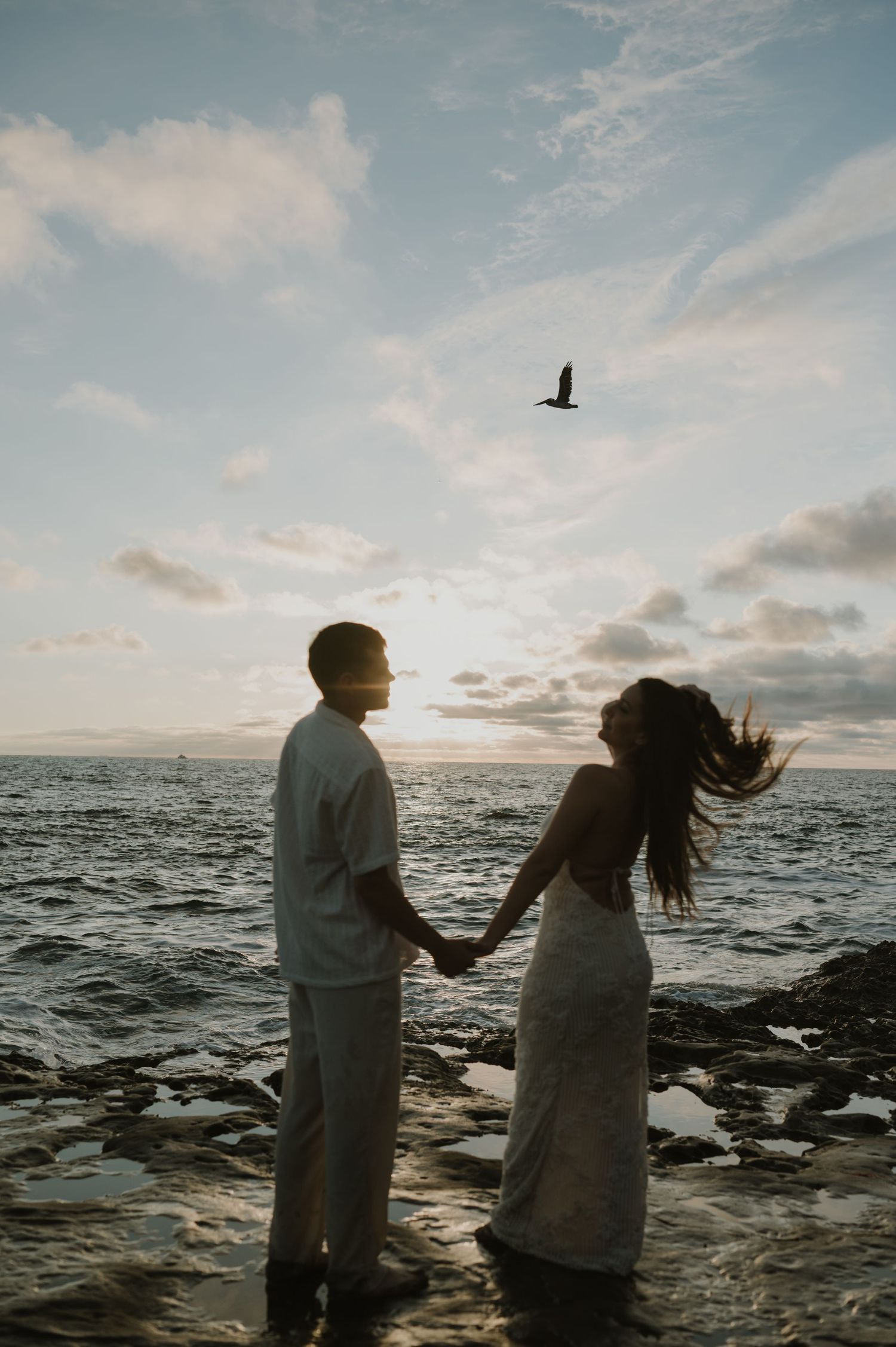 Romantic seaside photoshoot silhouettes against a dramatic ocean sunset with birds flying overhead.
