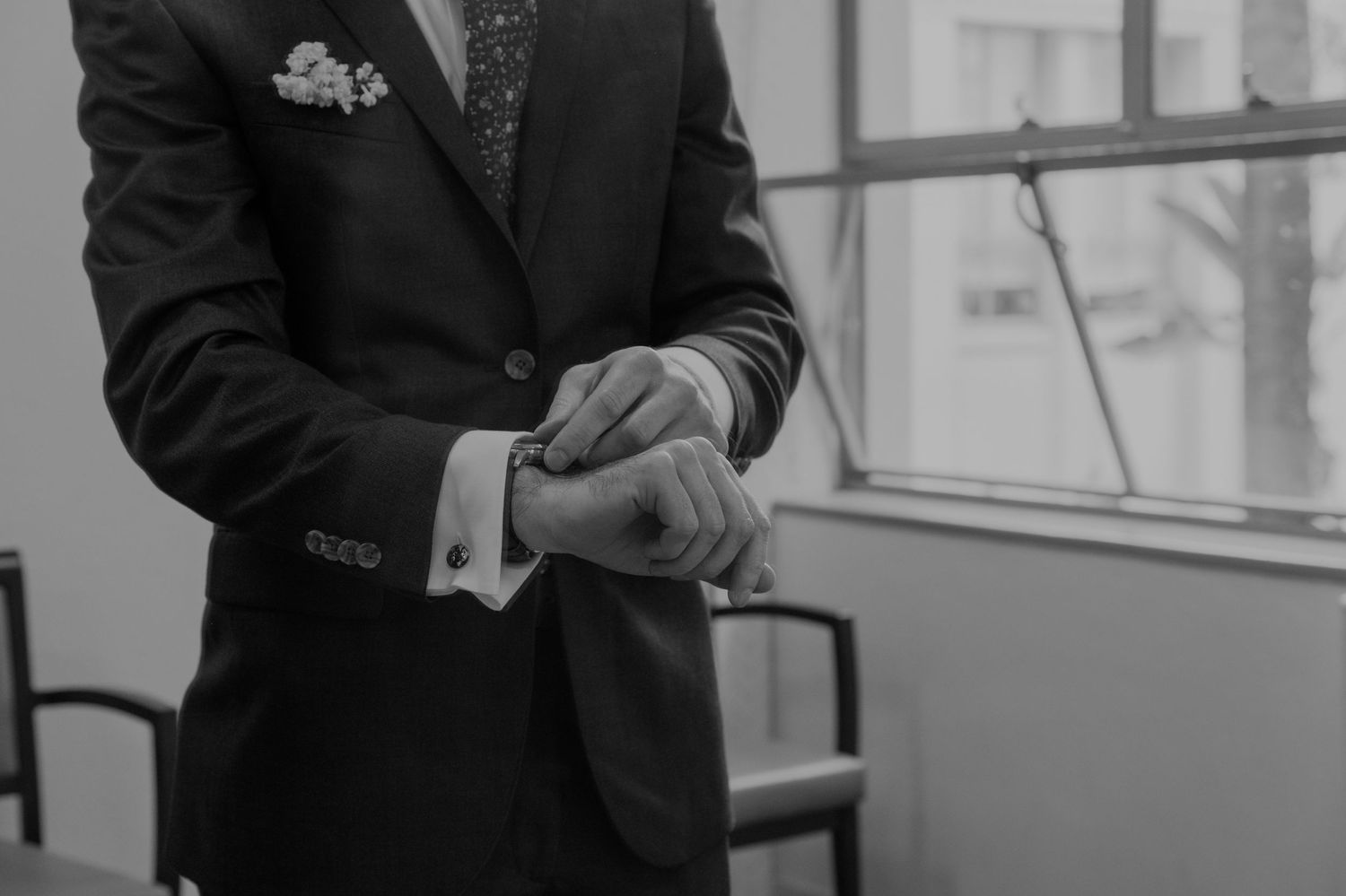 Formal attire details shown in black and white photography.