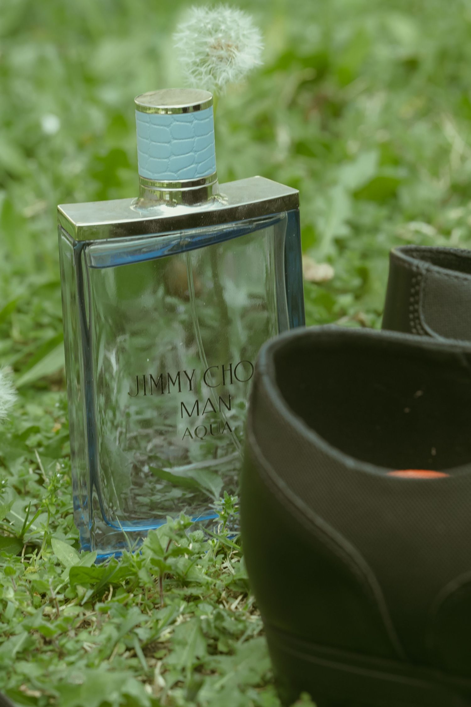 Jimmy Choo Man Aqua cologne bottle on green grass next to a dark leather boot with a dandelion on top.