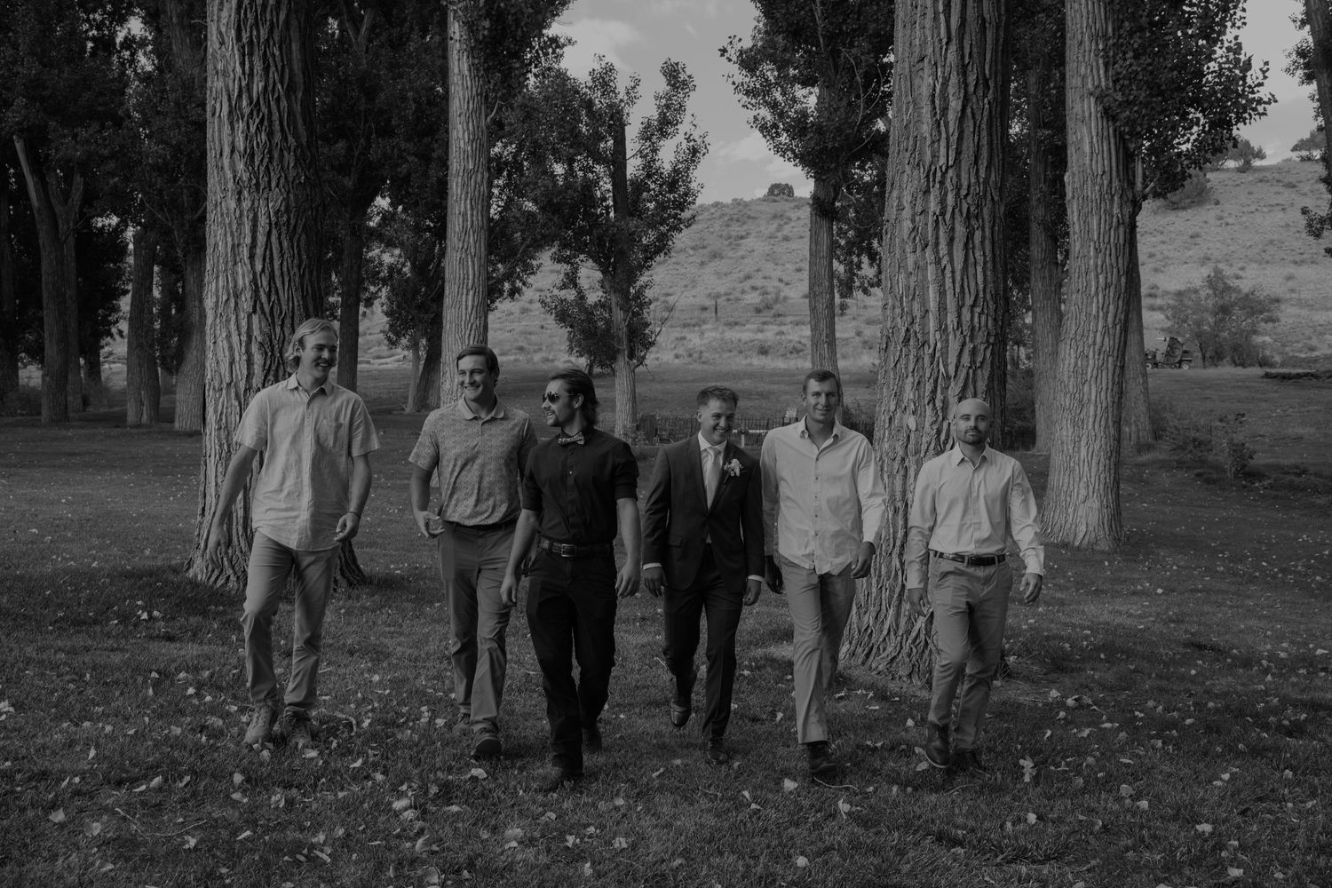 A group of people walk together among tall trees in a park-like setting.