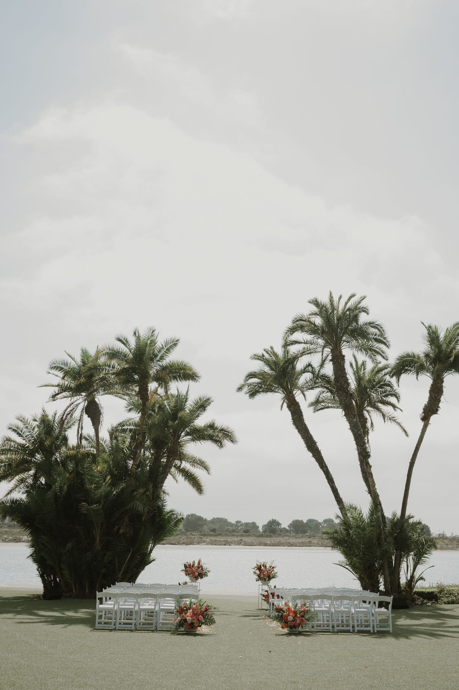 Palm trees and white chairs arranged for an outdoor wedding ceremony by the water.