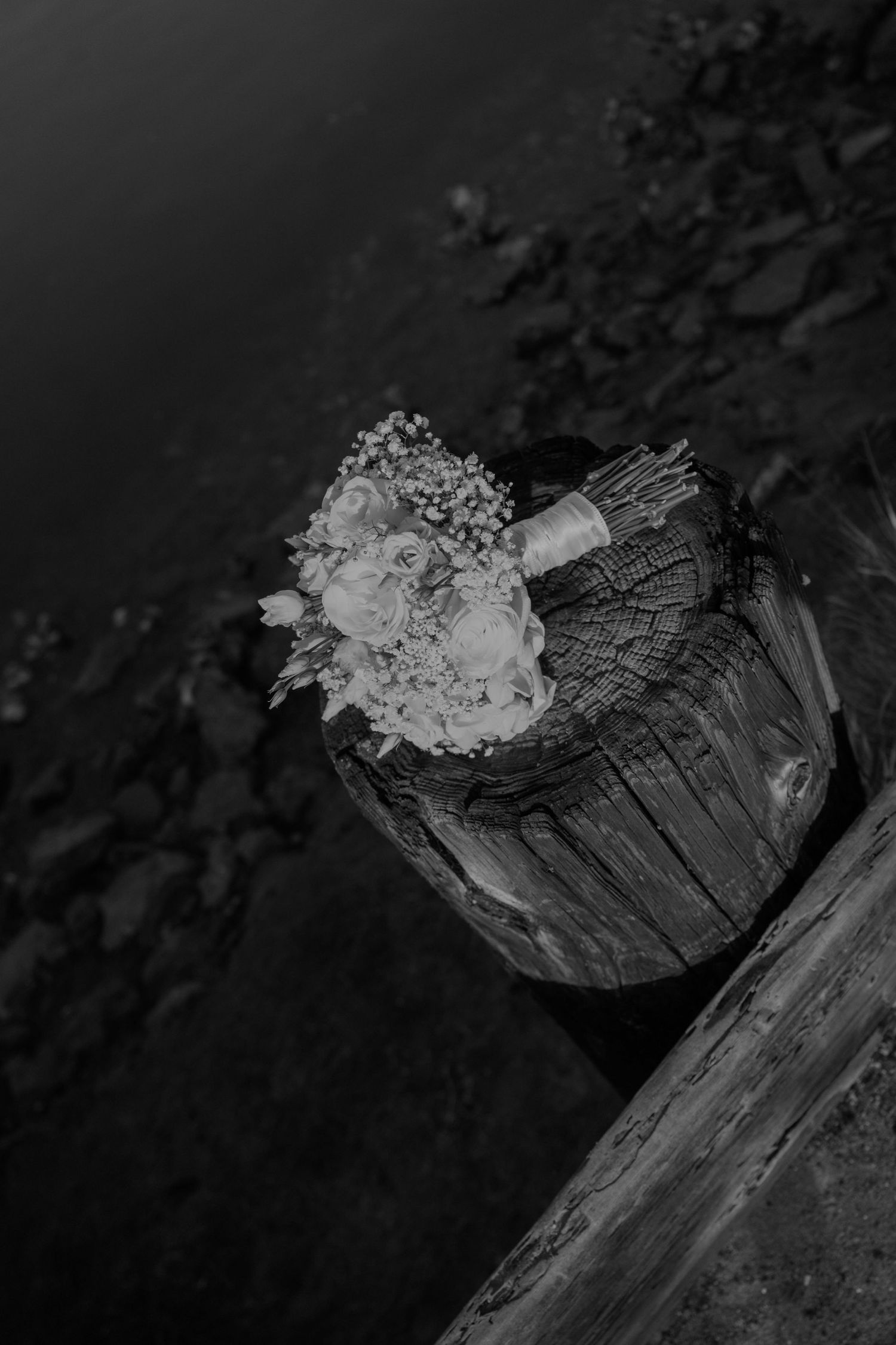 Black and white photo of a wedding bouquet with roses resting on a wooden post near a rocky shoreline.