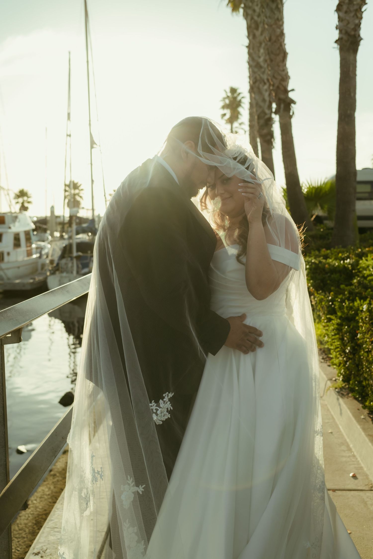 Bride and groom sharing a kiss under a flowing veil at a sunny marina with palm trees and sailboats.