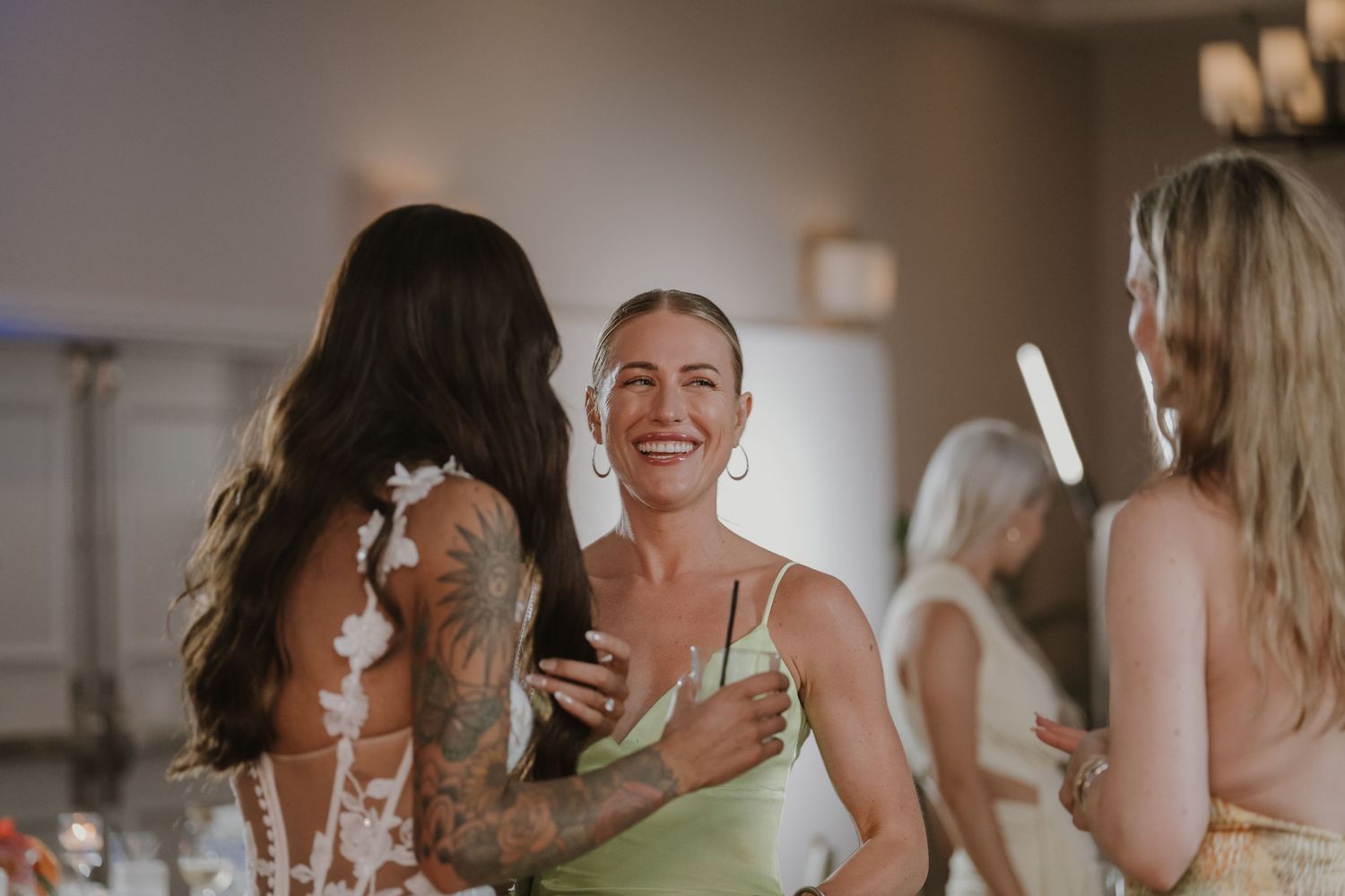 Candid moments of celebration and laughter at a wedding reception.