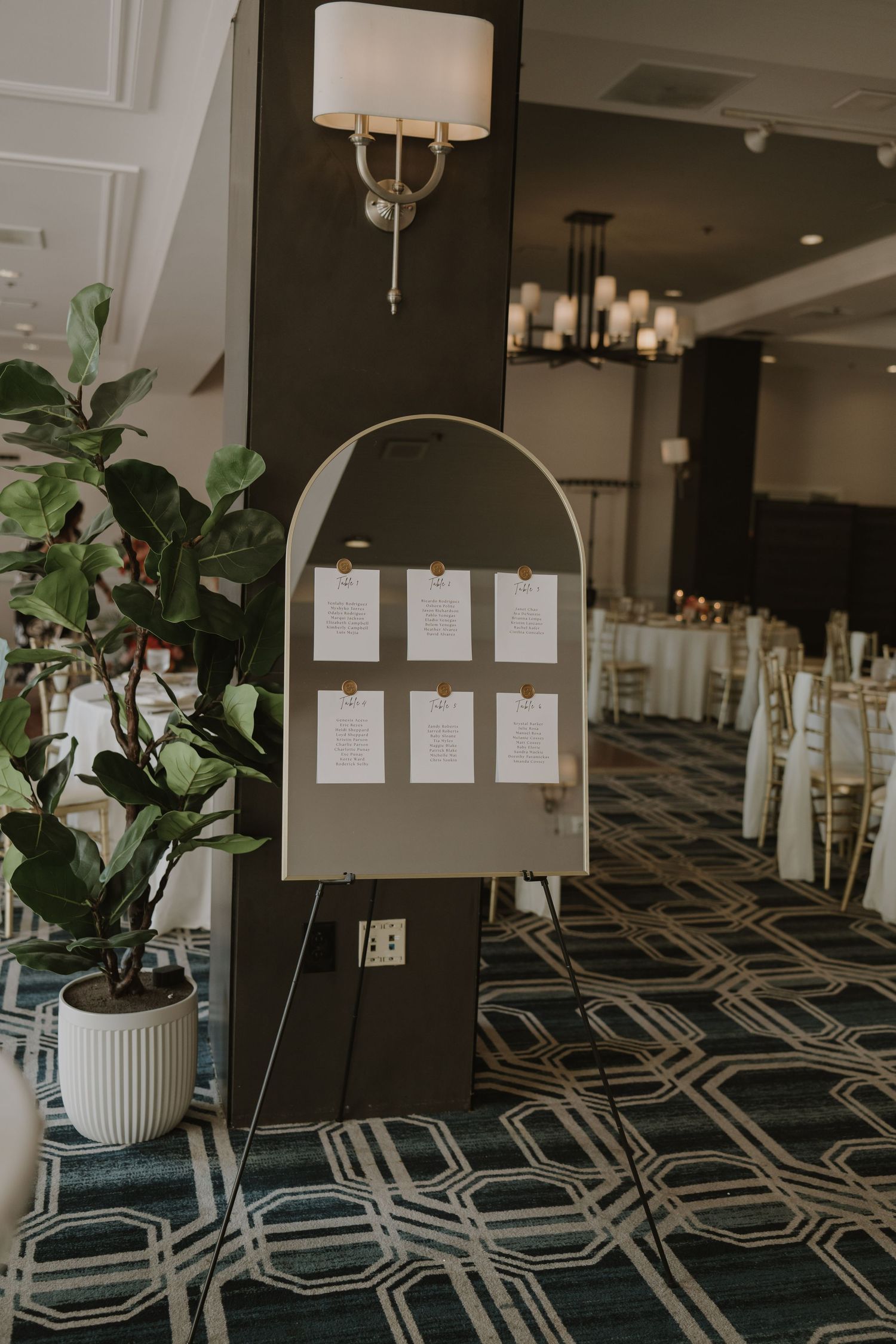 Modern event space with geometric patterned carpet and potted plants.