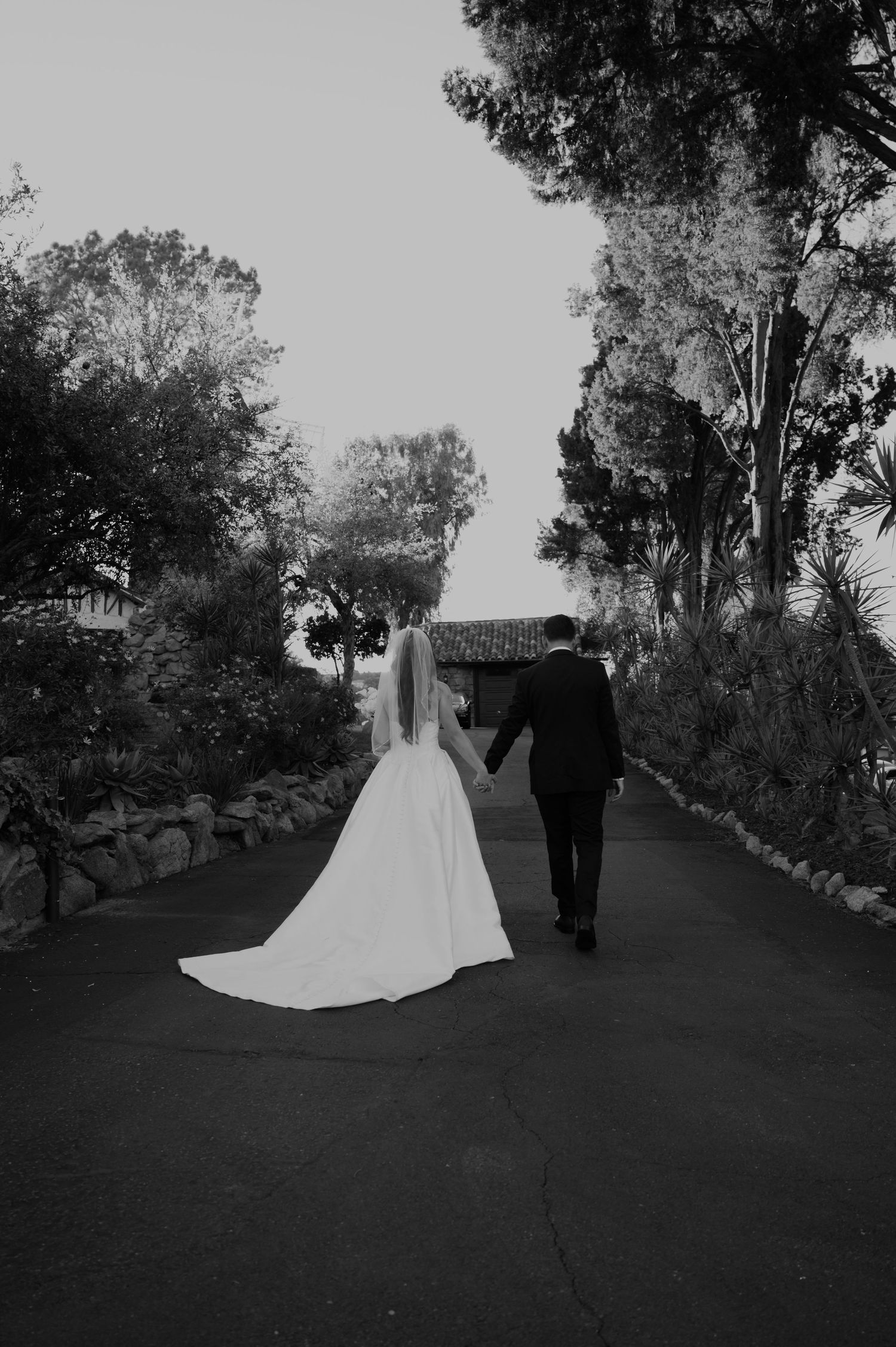 Black and white photo of newlyweds walking down a tree-lined path after their ceremony.