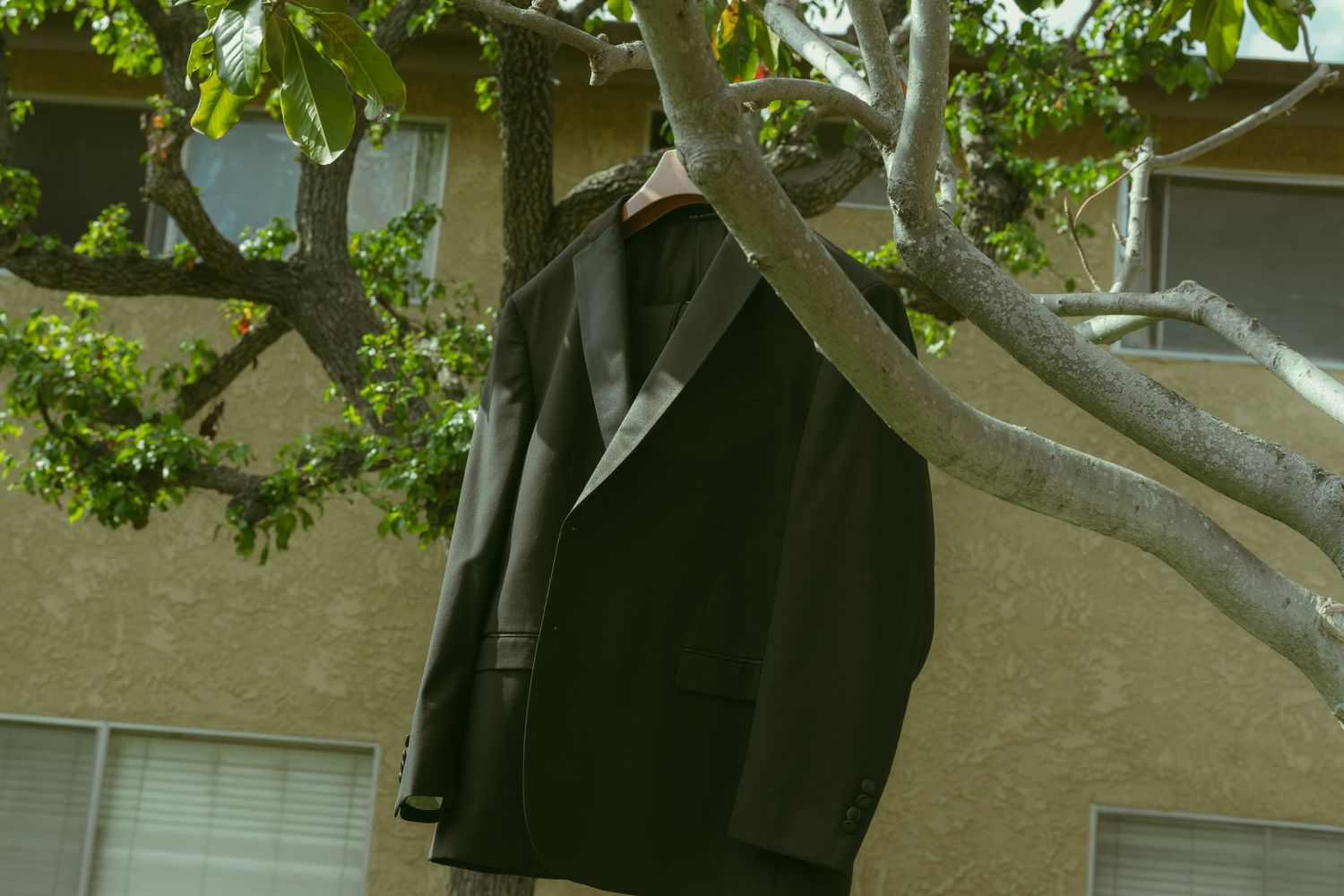 Dark suit jacket hanging on a hanger in a tree outdoors before a wedding.
