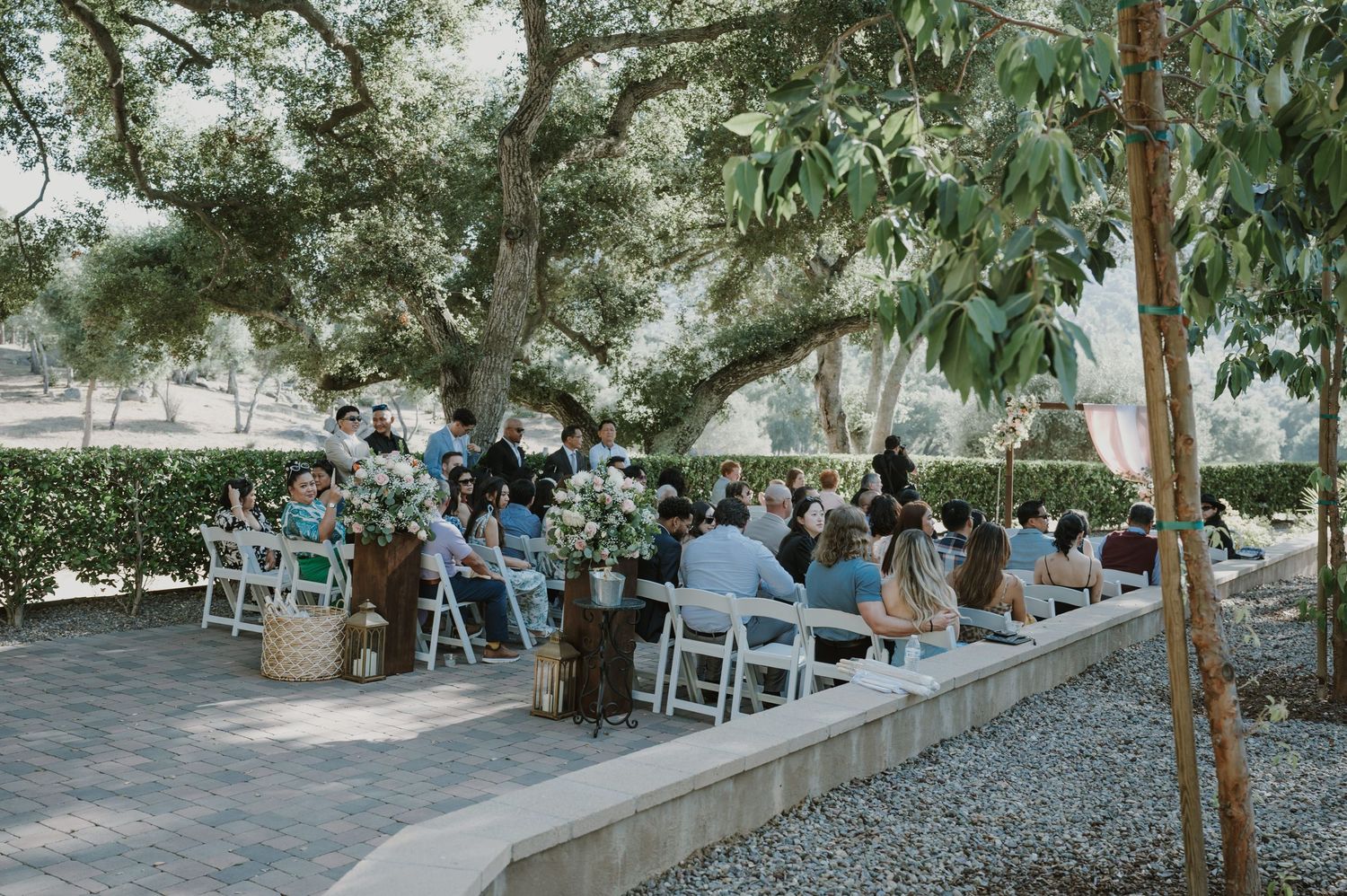 Outdoor wedding ceremony with white chairs under large trees on a sunny day.