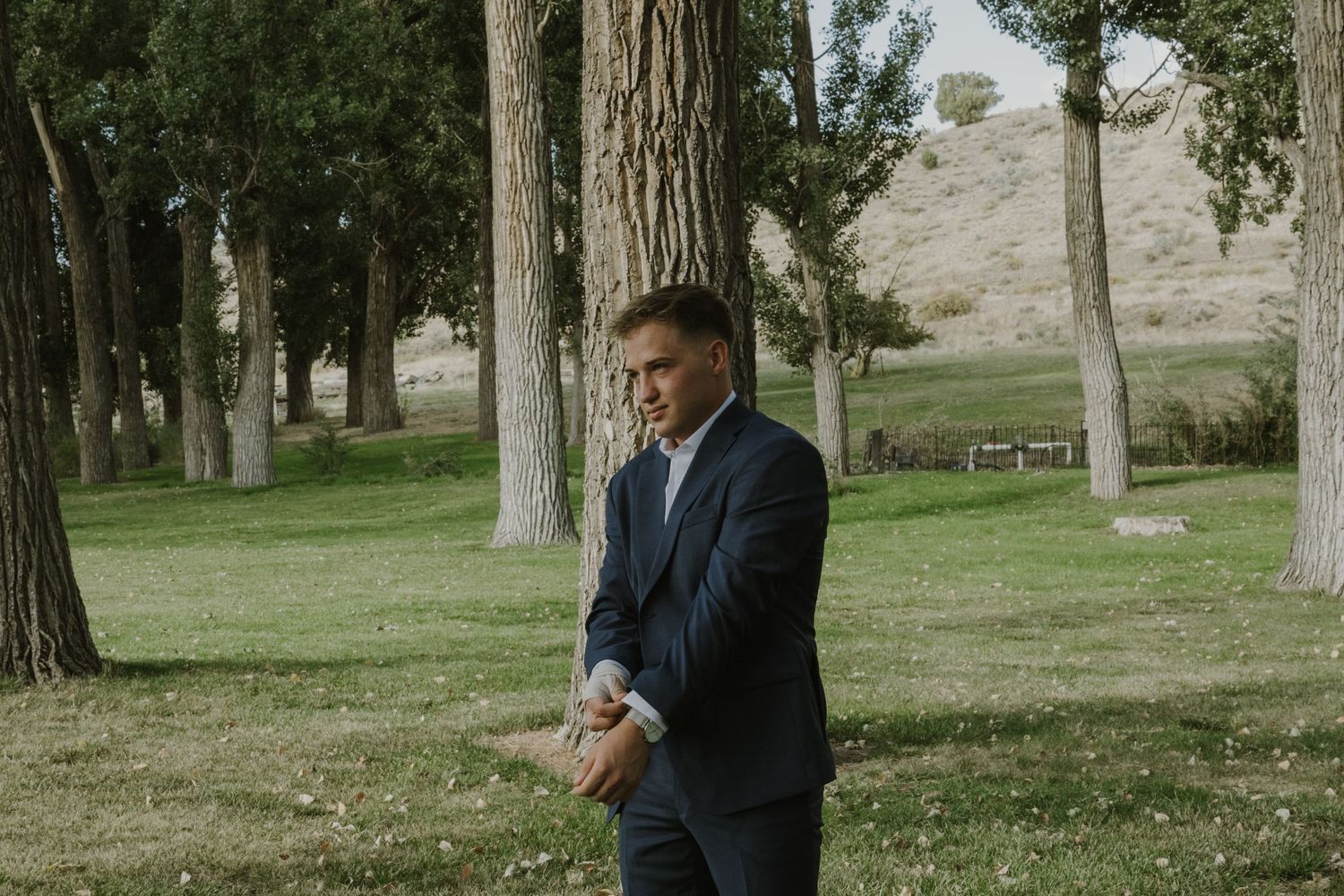 Candid moments captured in a grove of tall trees on a sunny day.