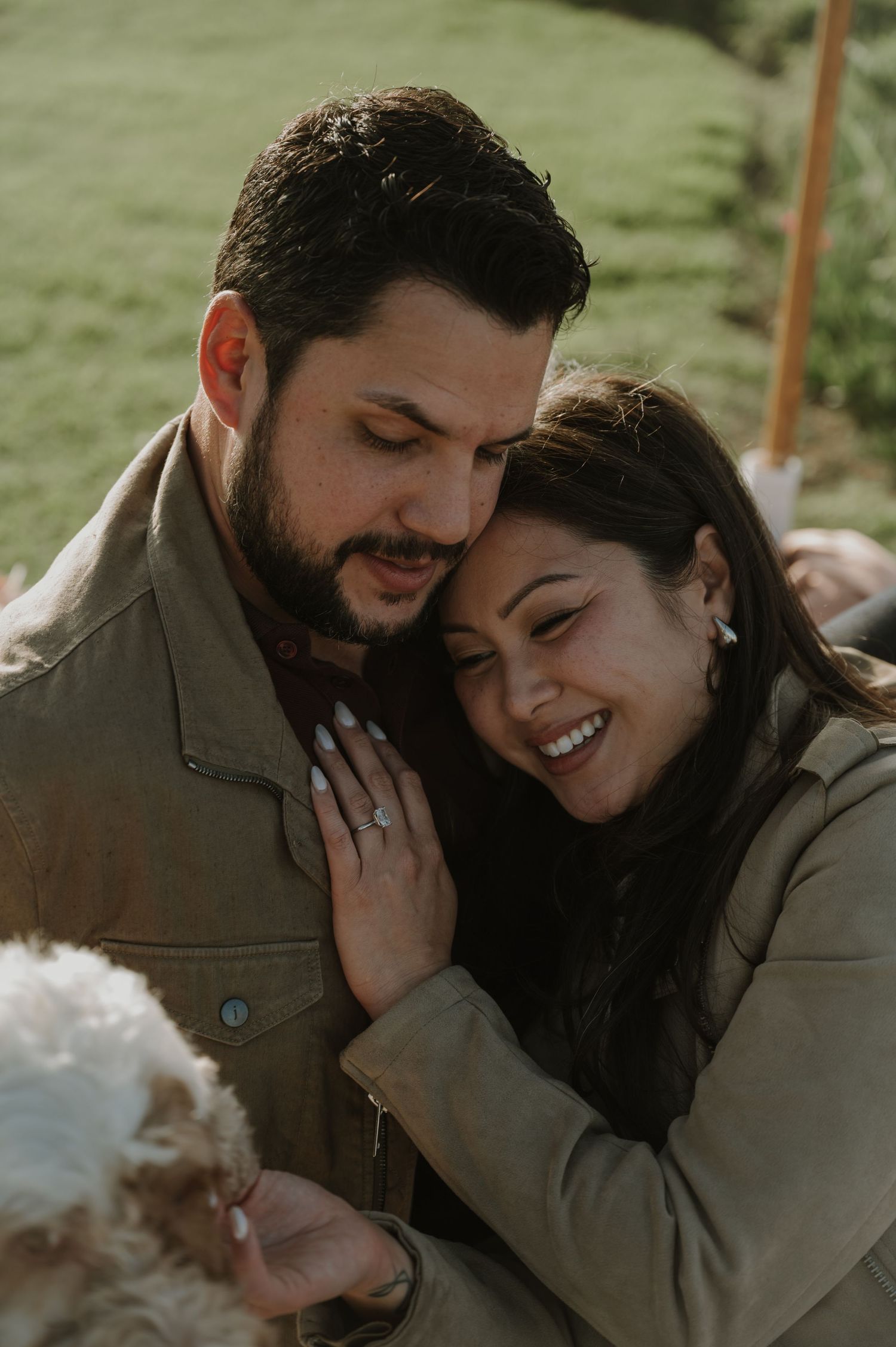 A romantic couple shares intimate moments in a series of candid photos showing affection and laughter.