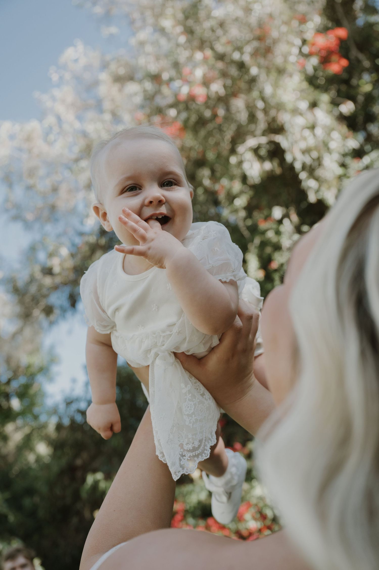 A joyful baby in a white lace outfit being lifted up outdoors with blooming flowers in the background.