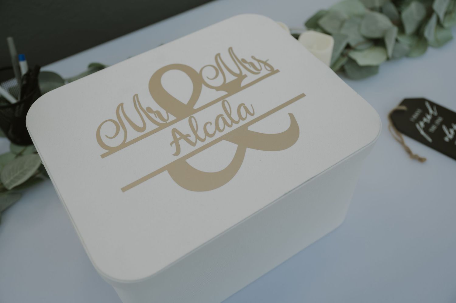 Elegant white wedding card box engraved with Mr & Mrs Alcala ampersand monogram design.
