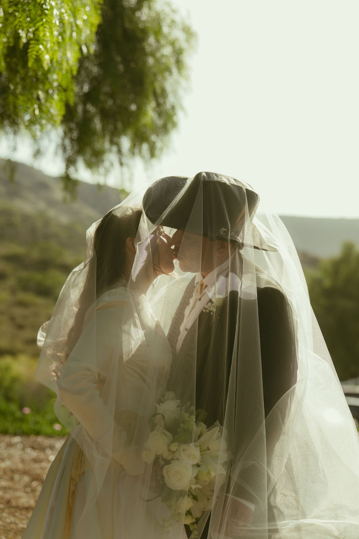 Bride and groom kissing under wedding veil outdoors with green trees and hills in background.