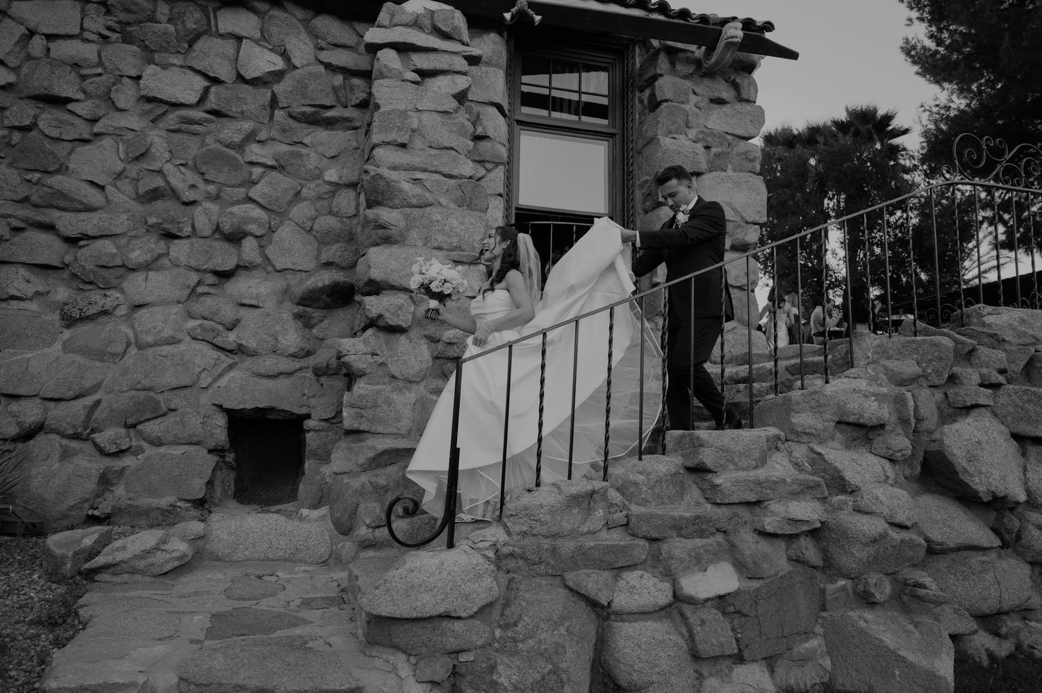 Black and white photo of newlyweds standing on rustic stone steps with iron railing.