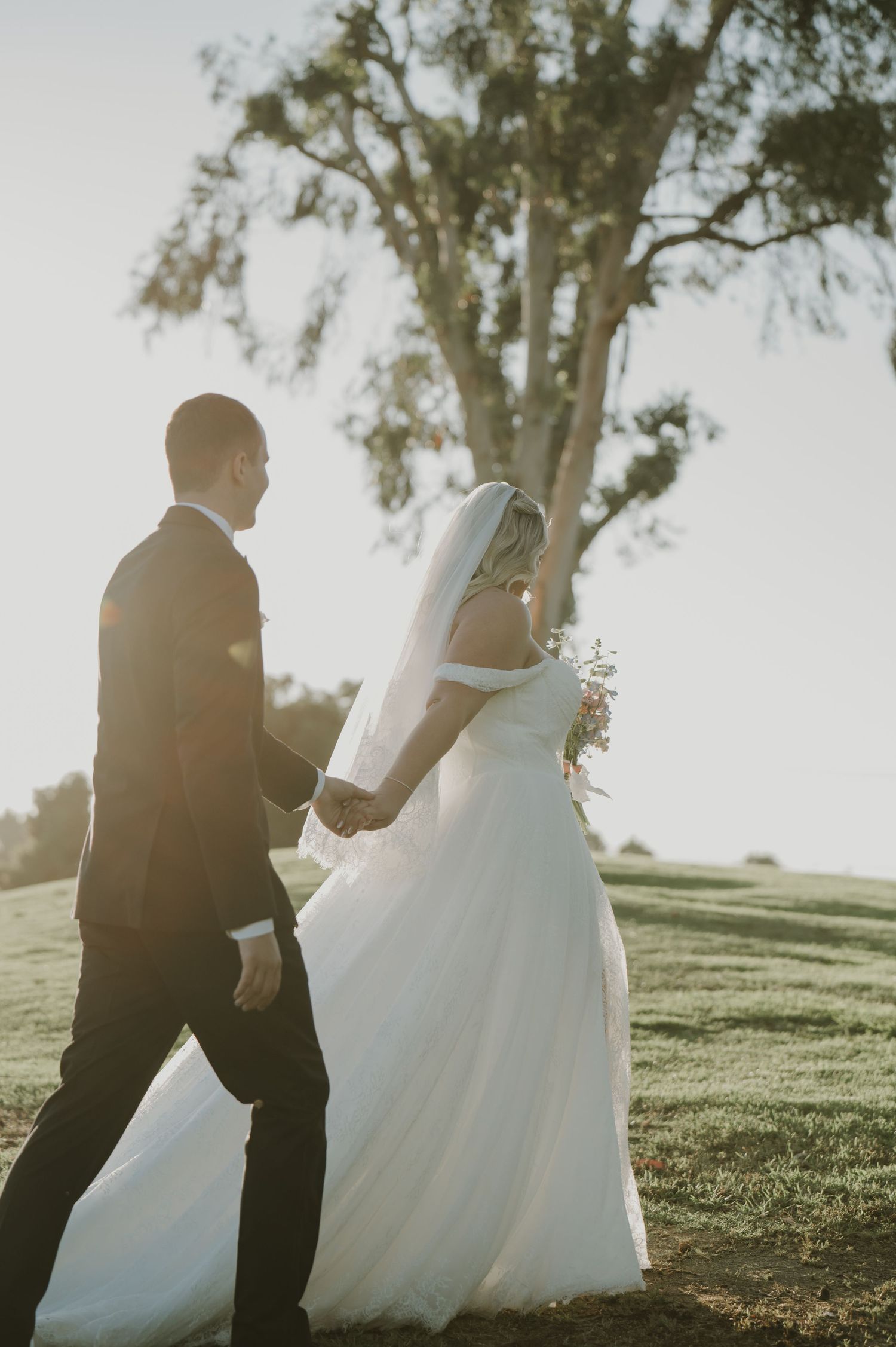 Bride and groom walk hand in hand on green lawn at golden hour, with large tree backdrop.