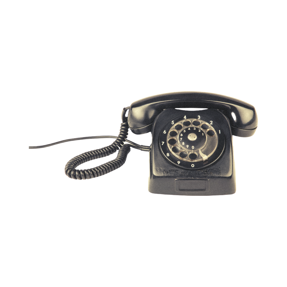 Classic black rotary telephone shown from different angles on white background.
