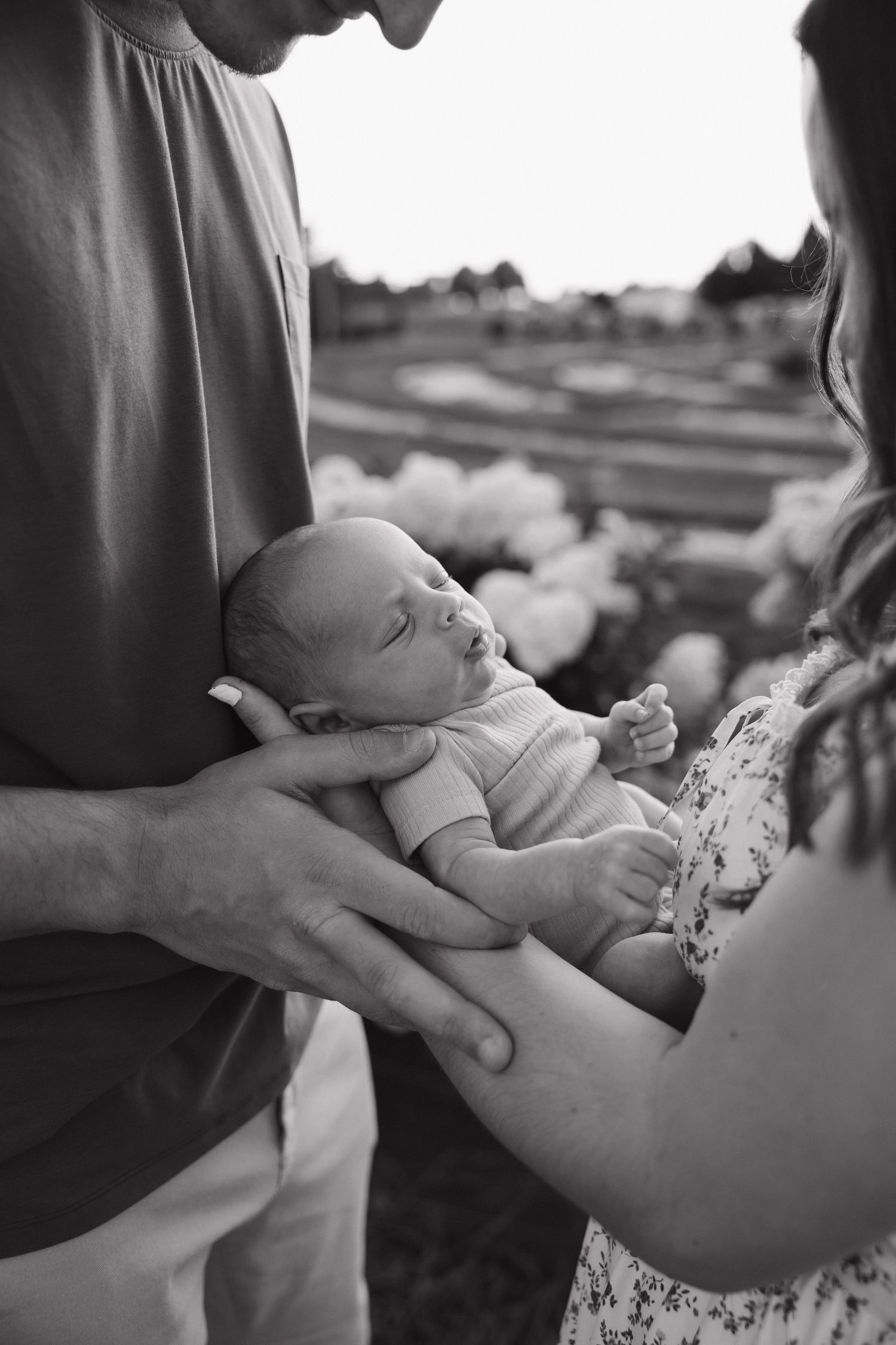 Black and white photo of parents cradling their sleeping newborn baby outdoors near white flowers.
