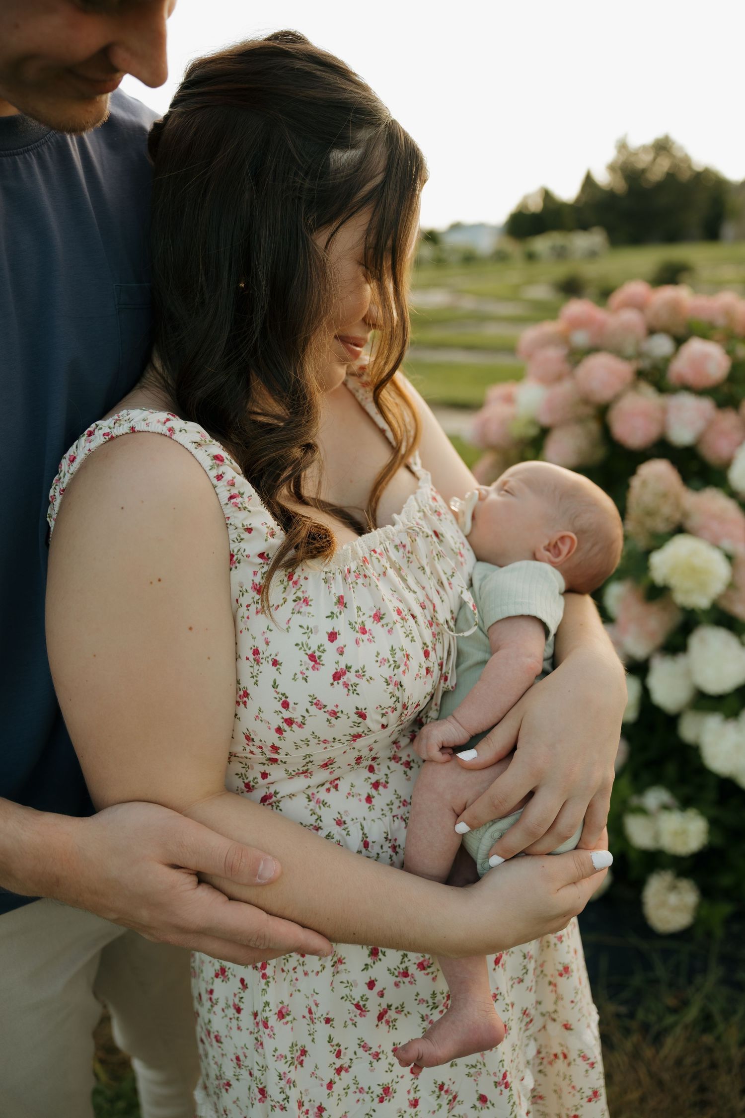 Couple holding newborn baby outdoors near blooming pink and white hydrangeas during golden hour.