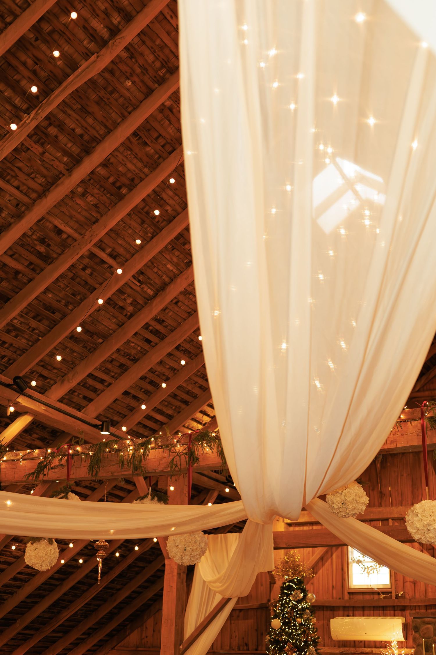 Rustic barn wedding venue decorated with flowing white fabric and twinkling string lights.