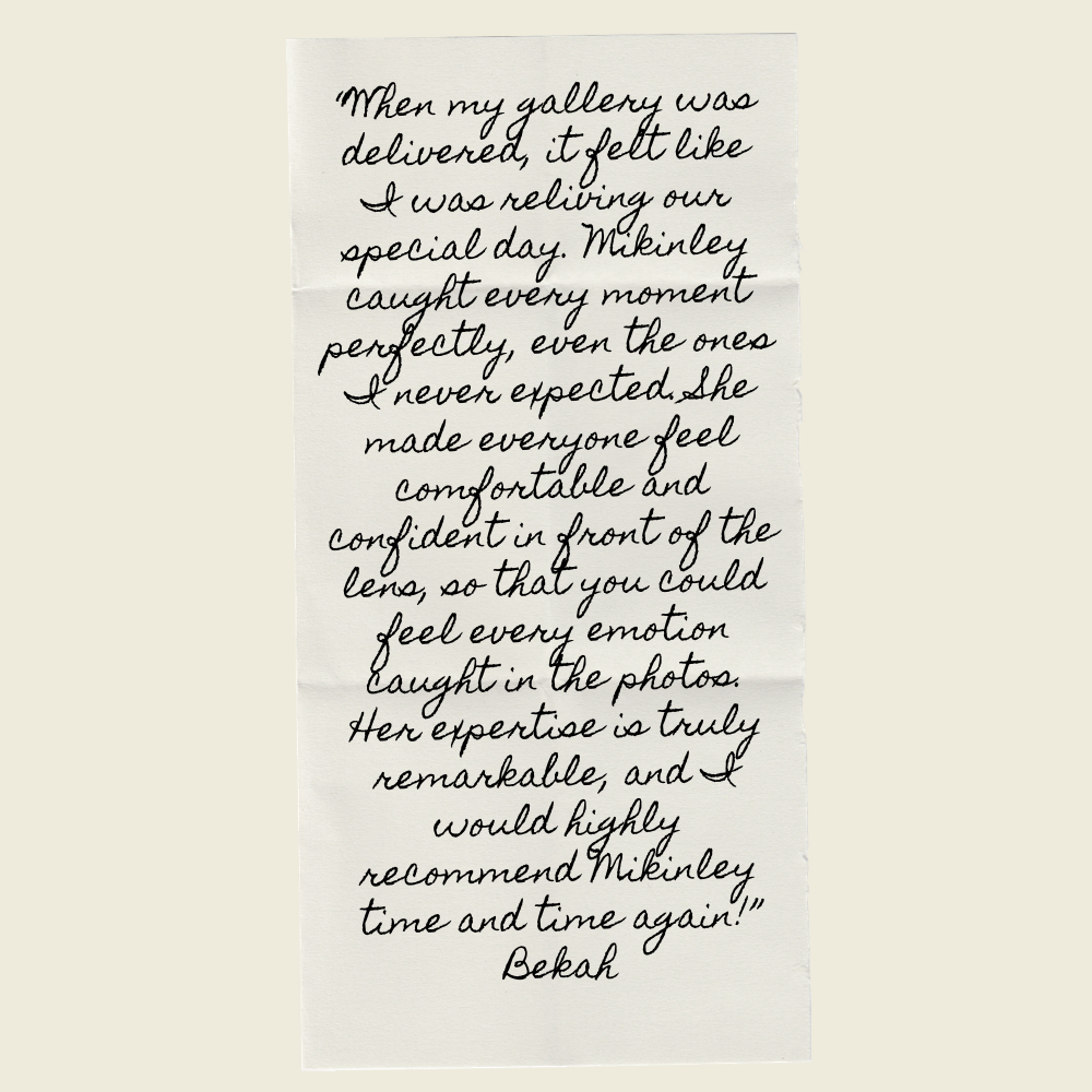 Handwritten wedding photography testimonial praising McKinley for capturing special moments beautifully, signed by Bekah.