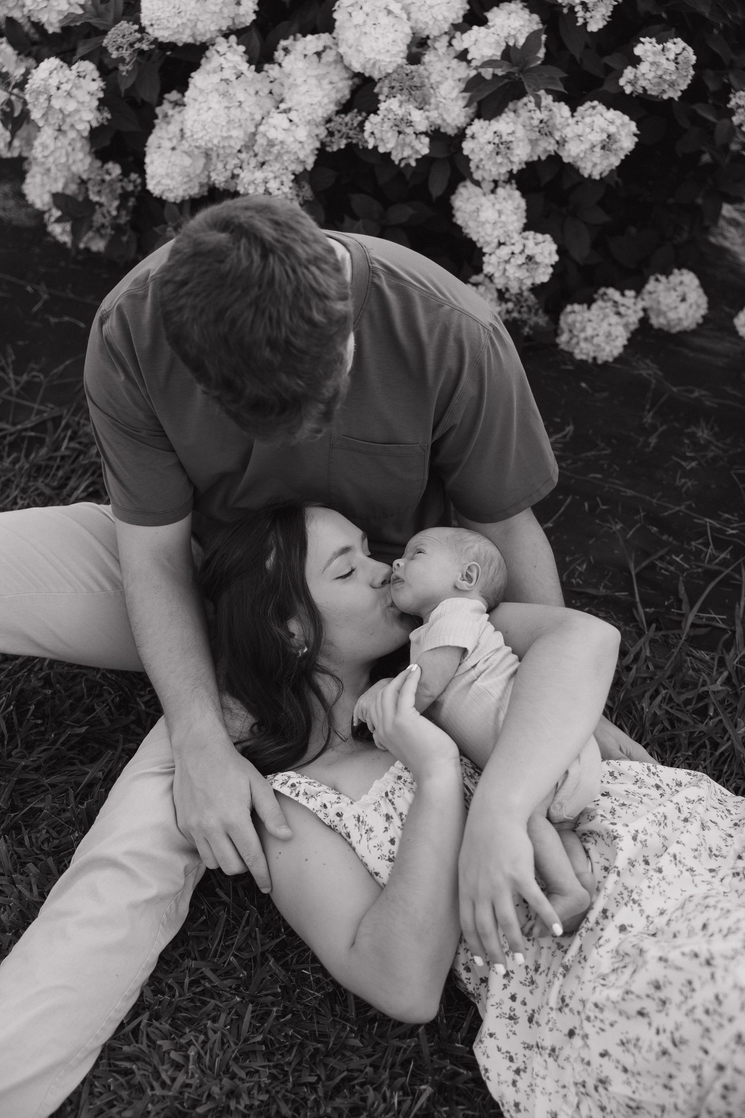 Black and white photo of parents kissing while mother holds newborn baby outdoors near blooming hydrangeas.