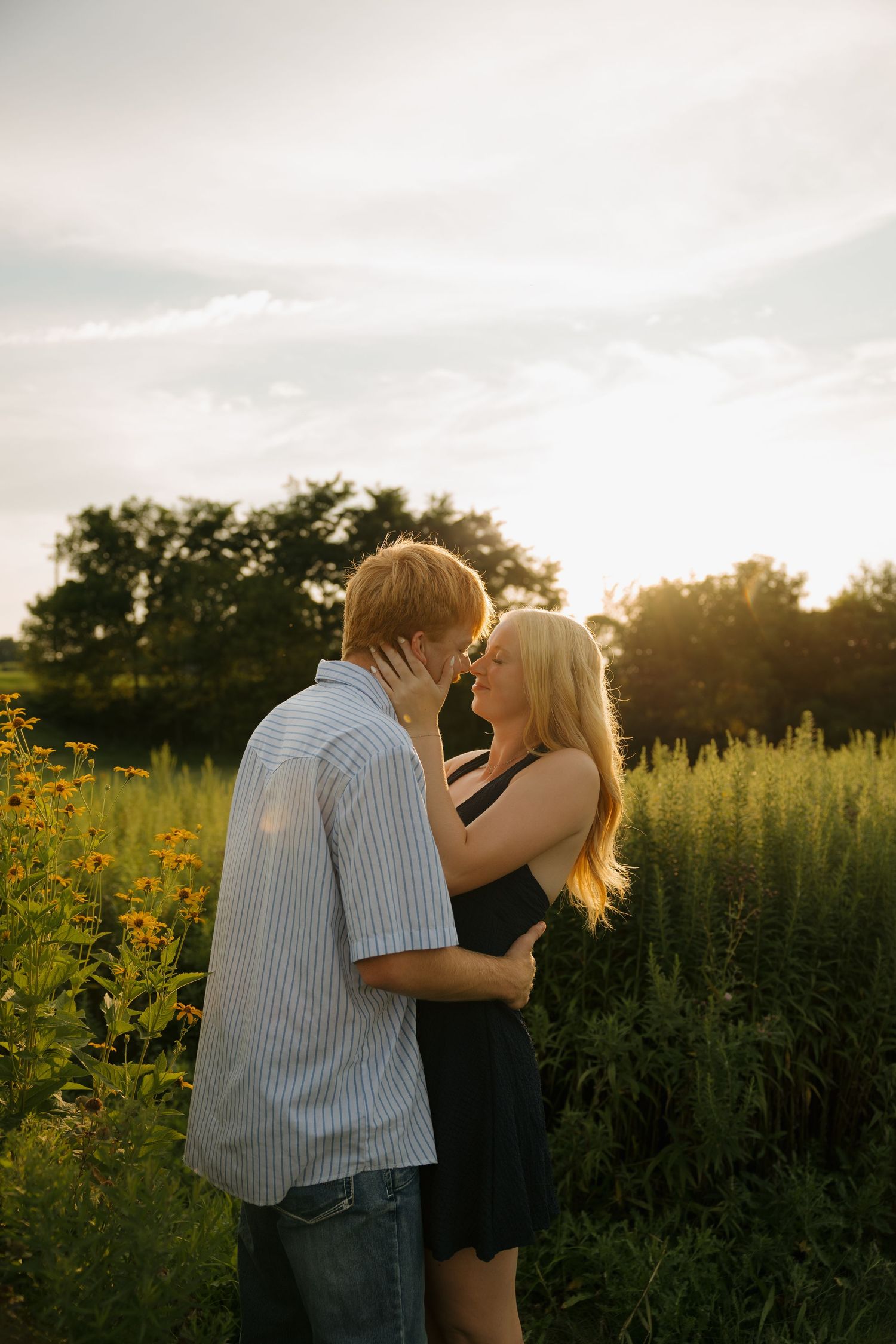 Couple sharing a romantic kiss in a sunlit wildflower field at golden hour, woman in black dress embracing man in striped shirt.