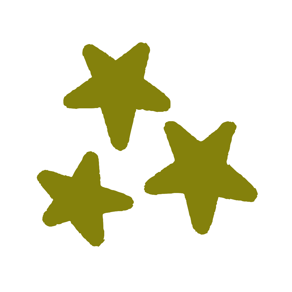 Three olive green star shapes of varying sizes arranged in a playful cluster on a white background.