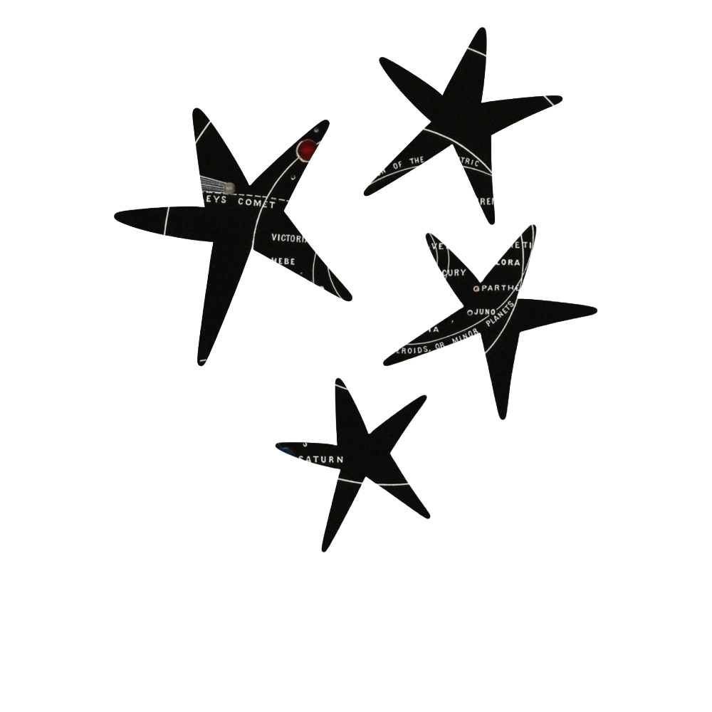 Black silhouettes of throwing stars or ninja weapons scattered on a white background in a decorative pattern.