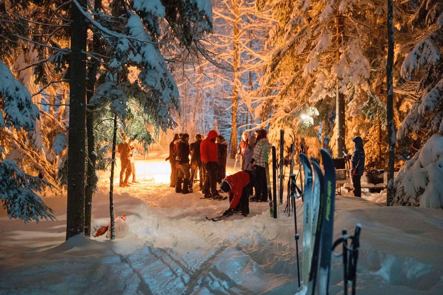 People walk through a snowy winter forest path illuminated by warm glowing lights at dusk.