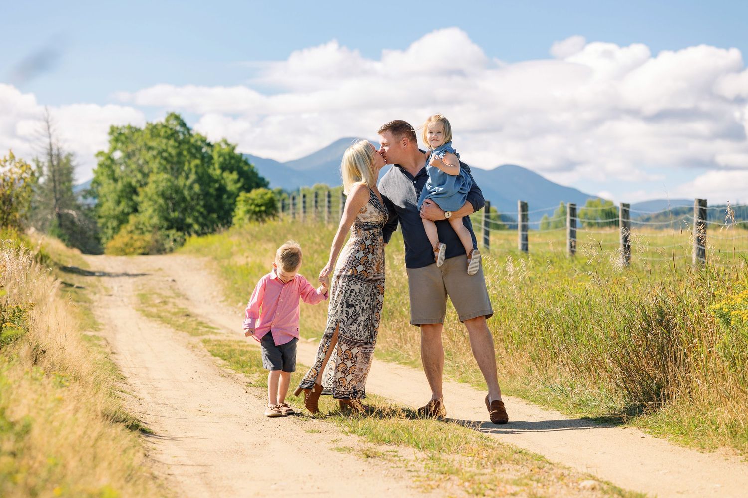 A scenic dirt path winding through golden fields and mountains on a sunny summer day.