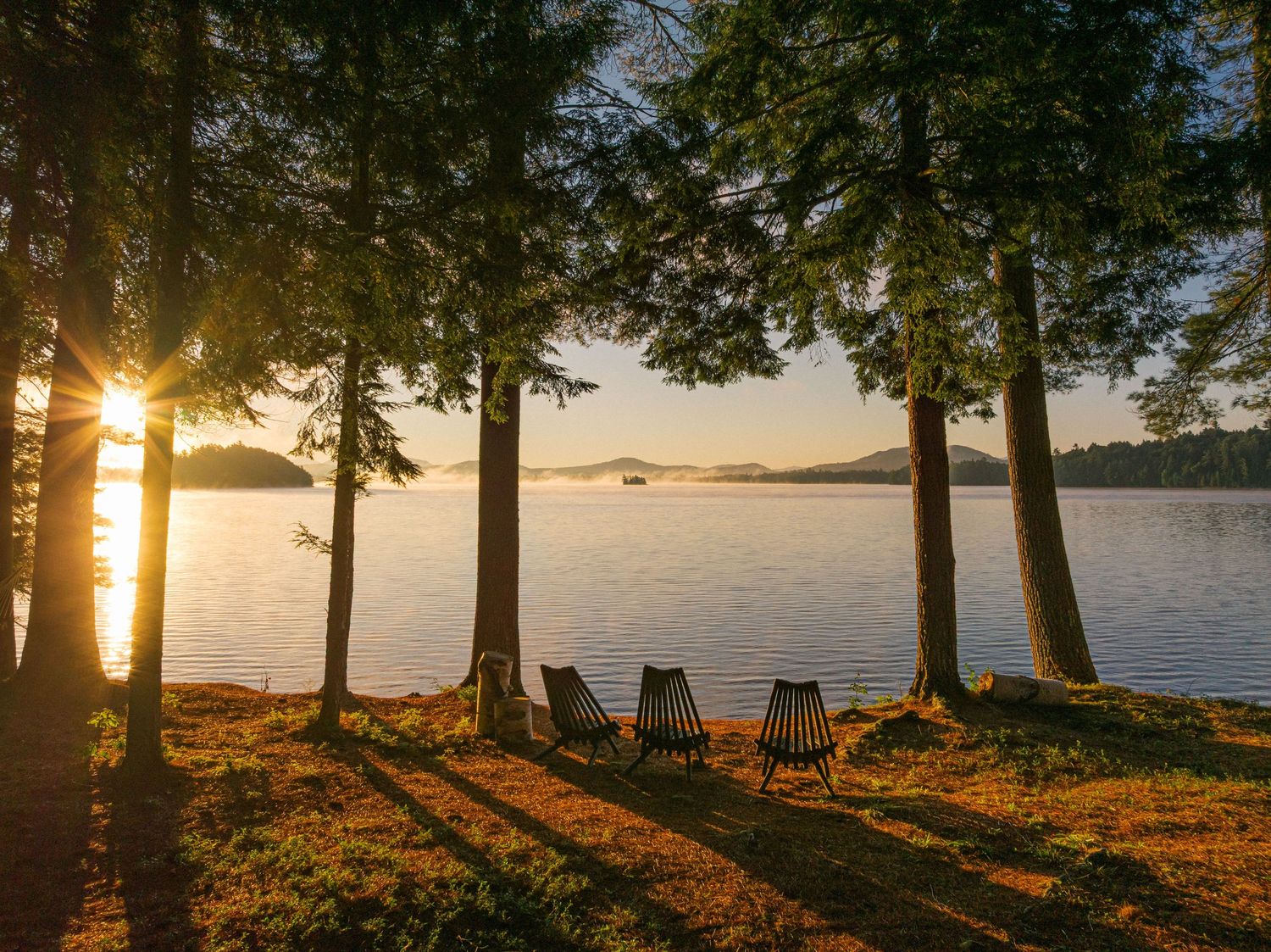 Adirondack chairs silhouetted between trees at sunset by a peaceful lake.