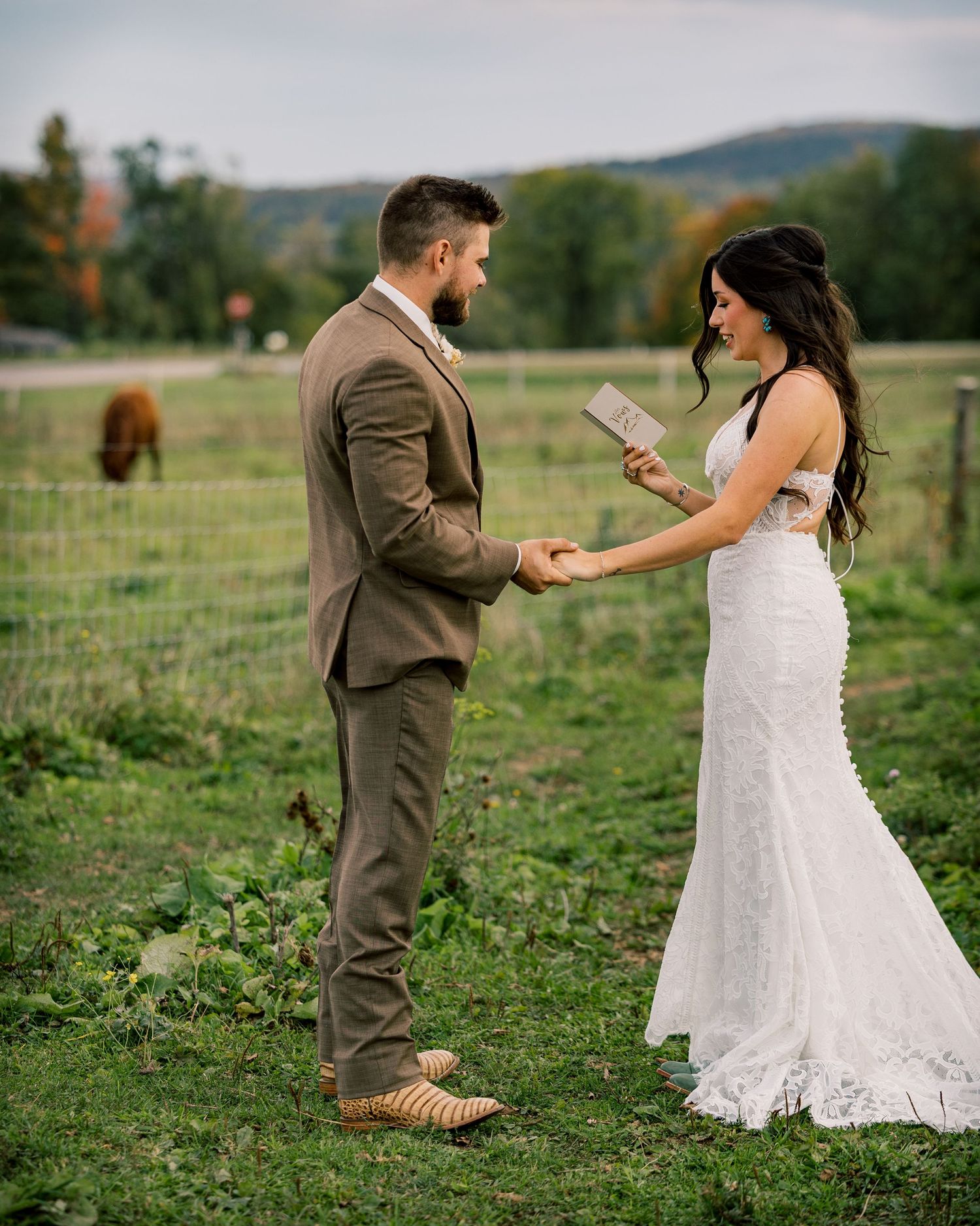 Bride in a lace gown and groom in a brown suit hold hands and read vows in a grassy farm field with a cow and fence behind them.