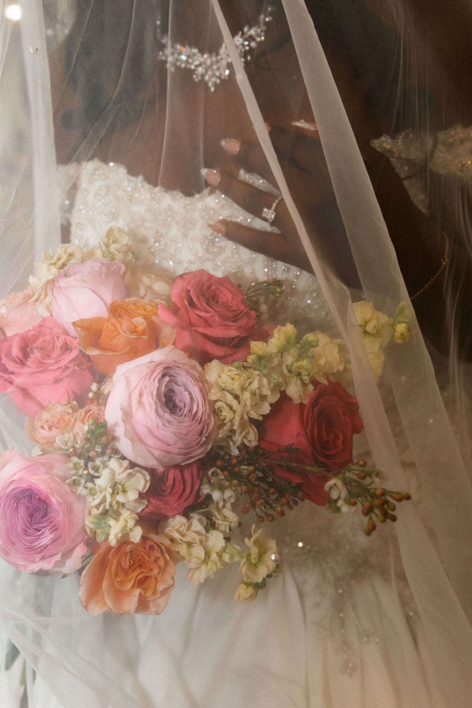 Bridal veil and flower detail photos