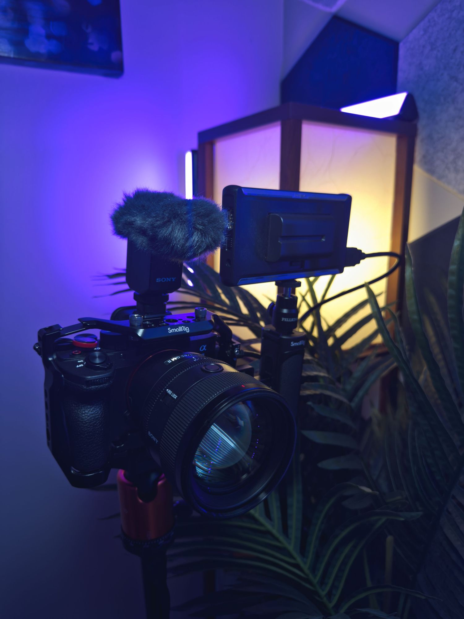 Professional video camera equipment illuminated by purple lighting in a dark studio setting.