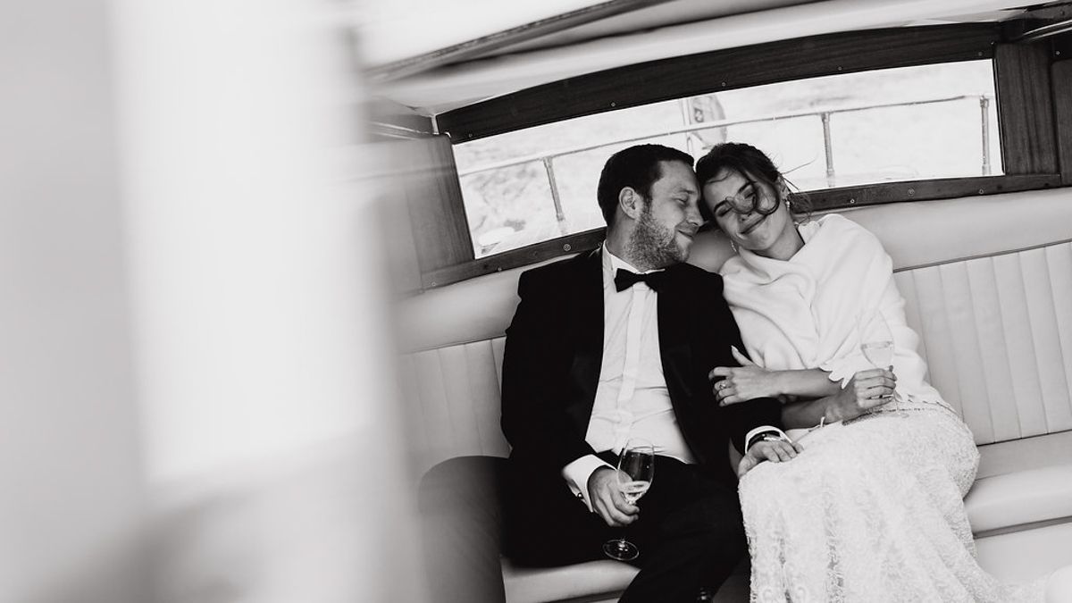 Black and white wedding photography sequence showing intimate moments between a couple in a rustic indoor setting.