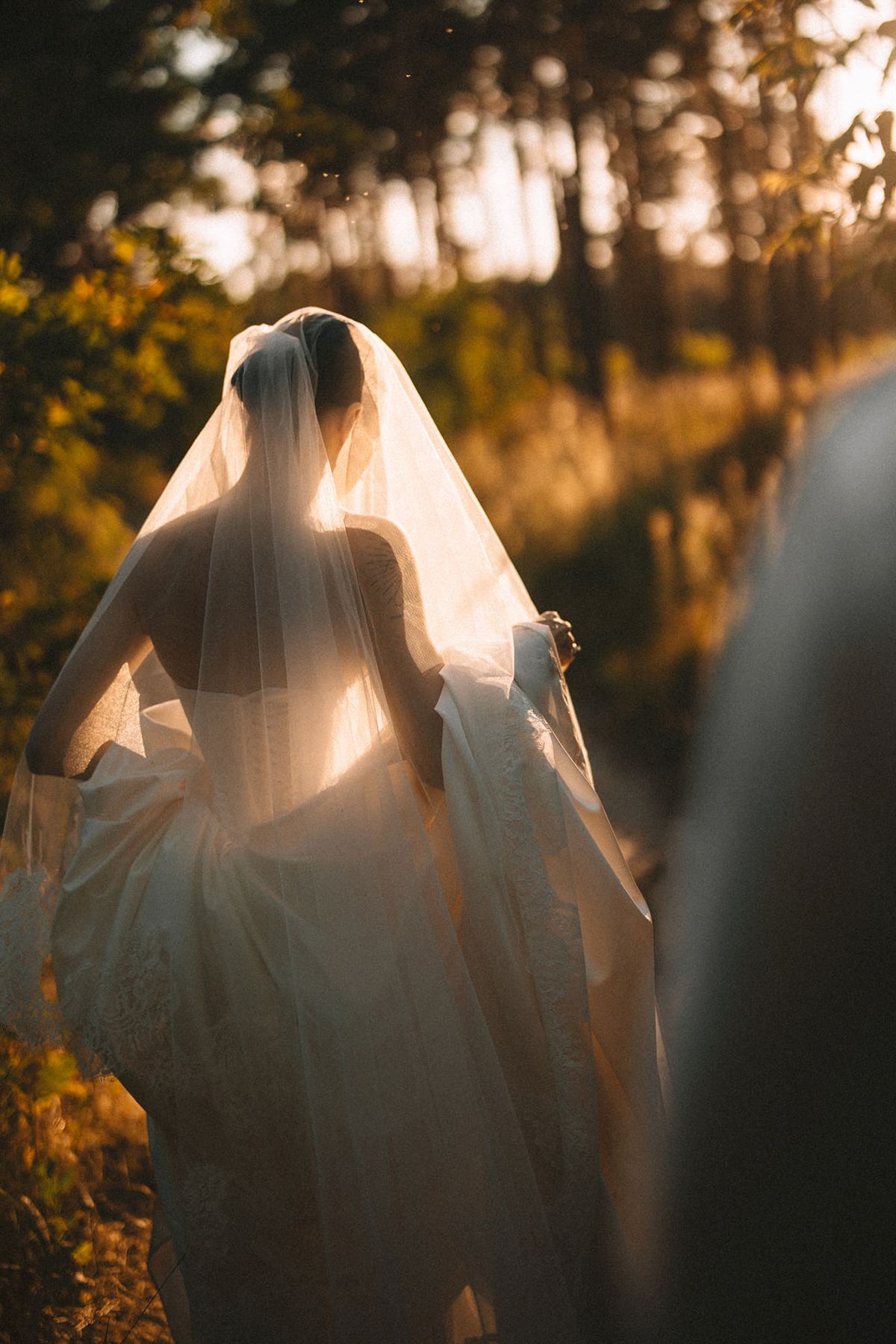 A bride in a flowing white wedding dress and veil stands silhouetted against golden sunlight in a garden setting.