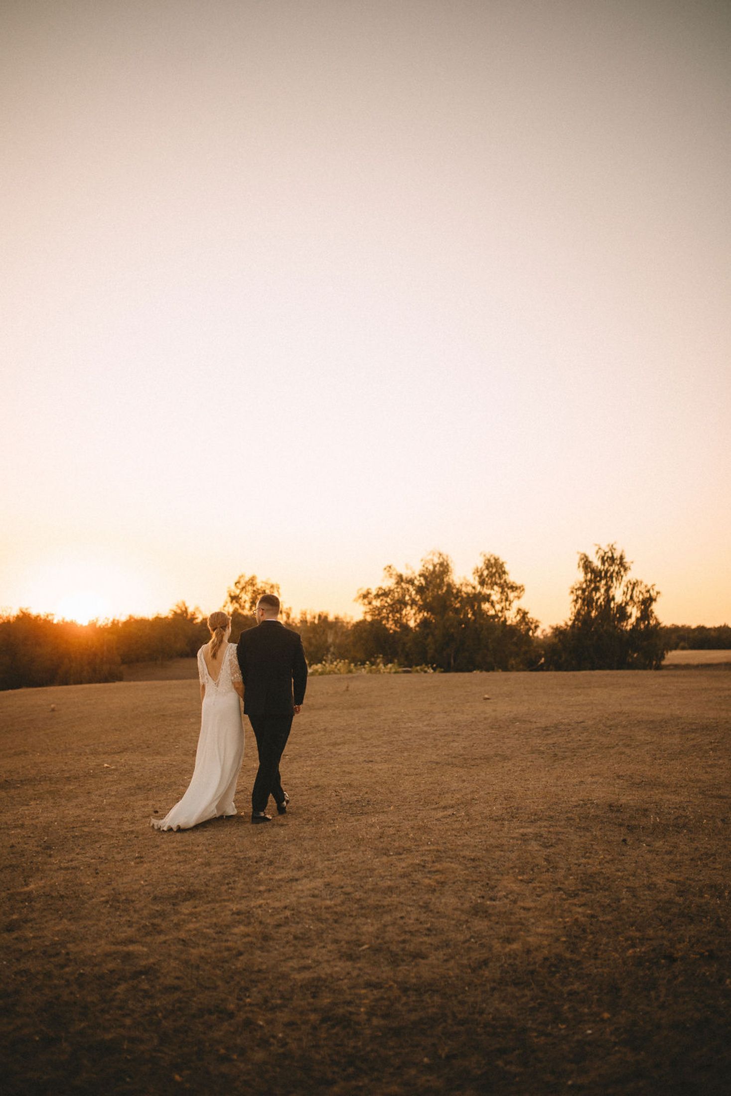 A couple in wedding attire walks together across a golden field at sunset, creating a romantic silhouette against the sky.