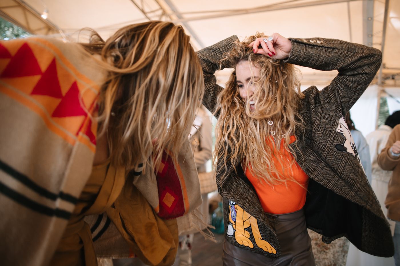 A series of cropped fashion photos showing various clothing details and accessories in warm neutral tones.