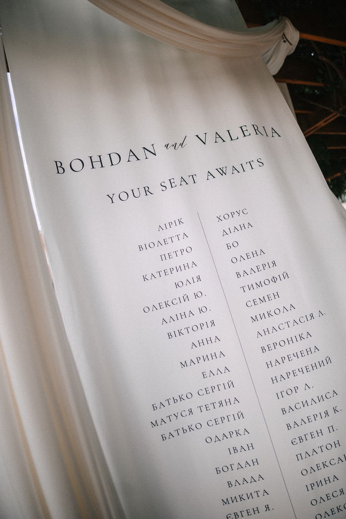 Close-up view of wedding seating chart with names printed in elegant typography on white paper.